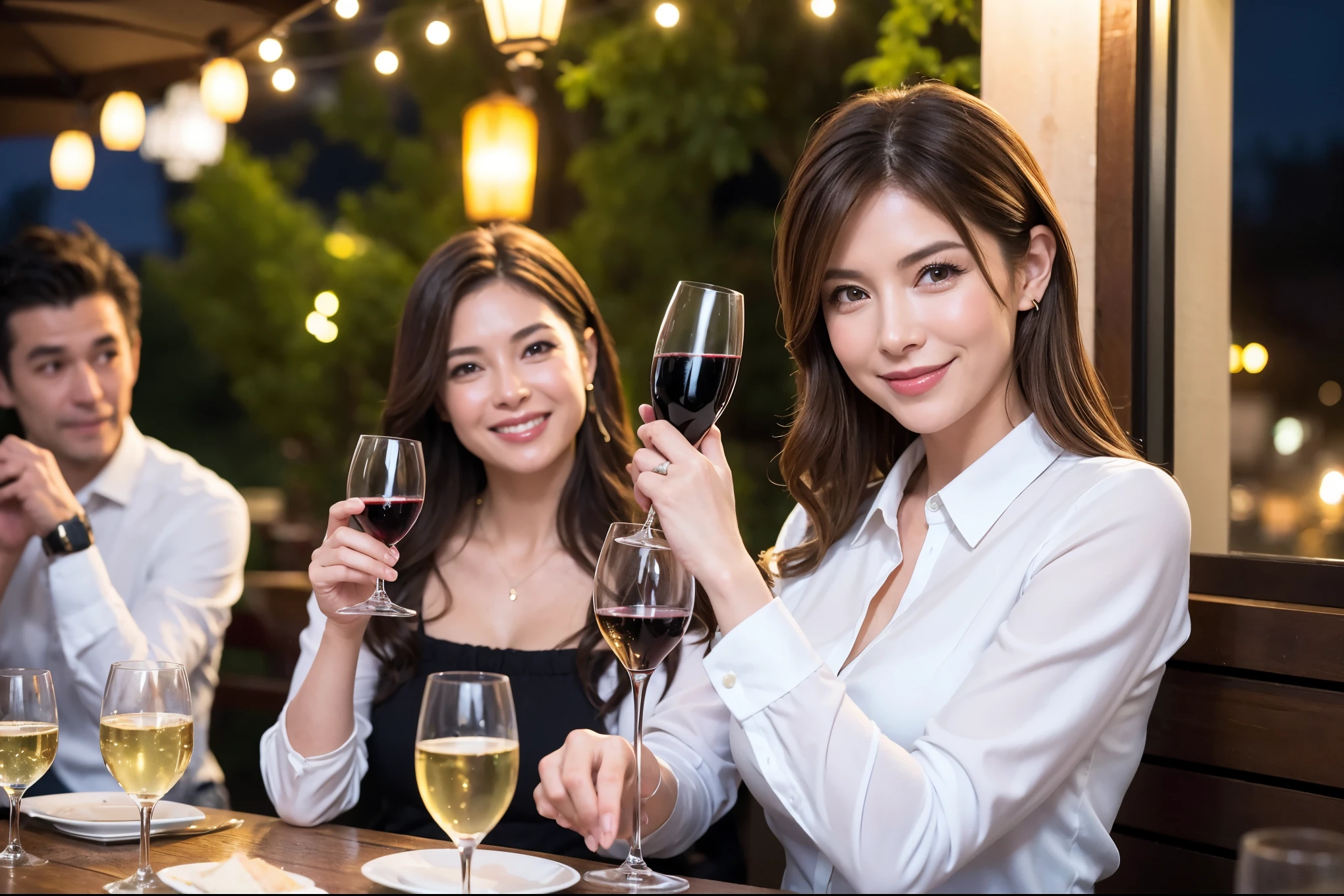 64k, UHD, highest quality, masterpiece: 1.2), (realistic, photorealistic: 1.37), Super detailed, celebration party、beauty、charming、beautiful mature woman、3 women who love wine、three men、champagne、Sparkling wine、winter night、restaurantでワイン宴会、(slimな男女4名),(Wine party for 5 people)、(slimフェイス),Happy、 最高なsmile、Fox Face、Berry Short、(because I'thin), (brown hair), (shortcut), long sleeve shirt、winter fashion、Colombia、Brazilian、Japanese、Dutch、German、Portuguese、Belgian、Italian、french, (gushing), (slimボティ), (brown hair), (shortcut), 端正なbeauty、cheeks blush a little, (41 years old), 38 years old, 35 years old、32 years old、 A beautiful and detailed night view spreads out outside the window......, restaurant, wine glassが座っている, At night, in a prominent place (from the Upper body) nova frog style, actress, model, Upper body, White wine, slim, wine glass, Very beautiful night view, wine glass Put in the Middle, Happy smile, (smile: 1.15),