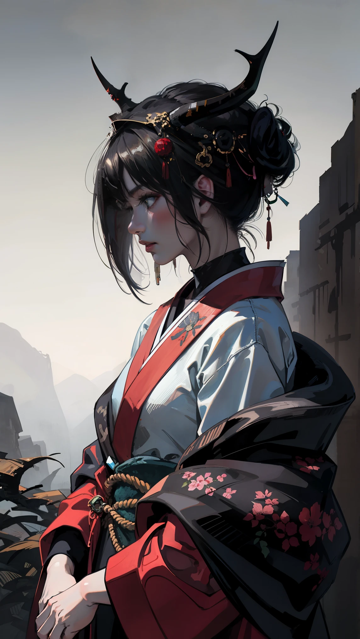 scared samurai oni mask,monster background,(best quality,4k,8k,highres,masterpiece:1.2),ultra-detailed,(realistic,photorealistic,photo-realistic:1.37),dark and mysterious atmosphere,ominous lighting,authentic Japanese texture,ominous and towering mountains,misty and eerie forest,haunting green eyes,loud growls piercing the silence,sharp and menacing horns,intimidating presence of shadows,dynamic and intense brush strokes,evokes traditional Japanese woodblock prints.