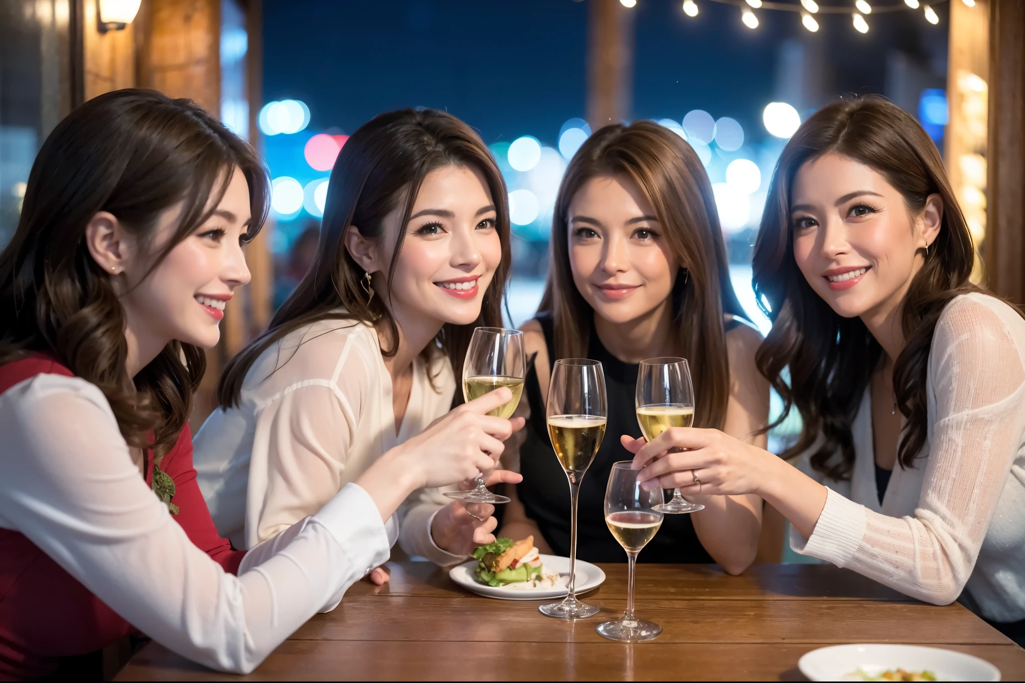 64k, UHD, highest quality, masterpiece: 1.2), (realistic, photorealistic: 1.37), Super detailed, celebration party、beauty、charming、beautiful mature woman、3 women who love wine、three men、champagne、Sparkling wine、winter night、restaurantでワイン宴会、(slimな男女4名),(Wine party for 5 people)、(slimフェイス),Happy、 最高なsmile、Fox Face、Berry Short、(because I'thin), (brown hair), (shortcut), long sleeve shirt、winter fashion、Colombia、Brazilian、Japanese、Dutch、German、Portuguese、Belgian、Italian、french, (gushing), (slimボティ), (brown hair), (shortcut), 端正なbeauty、cheeks blush a little, (41 years old), 38 years old, 35 years old、32 years old、 A beautiful and detailed night view spreads out outside the window......, restaurant, wine glassが座っている, At night, in a prominent place (from the Upper body) nova frog style, actress, model, Upper body, White wine, slim, wine glass, Very beautiful night view, wine glass Put in the Middle, Happy smile, (smile: 1.15),