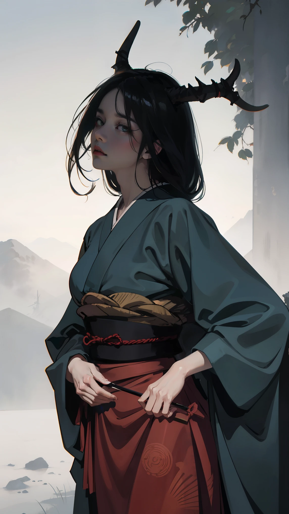scared samurai oni mask,monster background,(best quality,4k,8k,highres,masterpiece:1.2),ultra-detailed,(realistic,photorealistic,photo-realistic:1.37),dark and mysterious atmosphere,ominous lighting,authentic Japanese texture,ominous and towering mountains,misty and eerie forest,haunting green eyes,loud growls piercing the silence,sharp and menacing horns,intimidating presence of shadows,dynamic and intense brush strokes,evokes traditional Japanese woodblock prints.