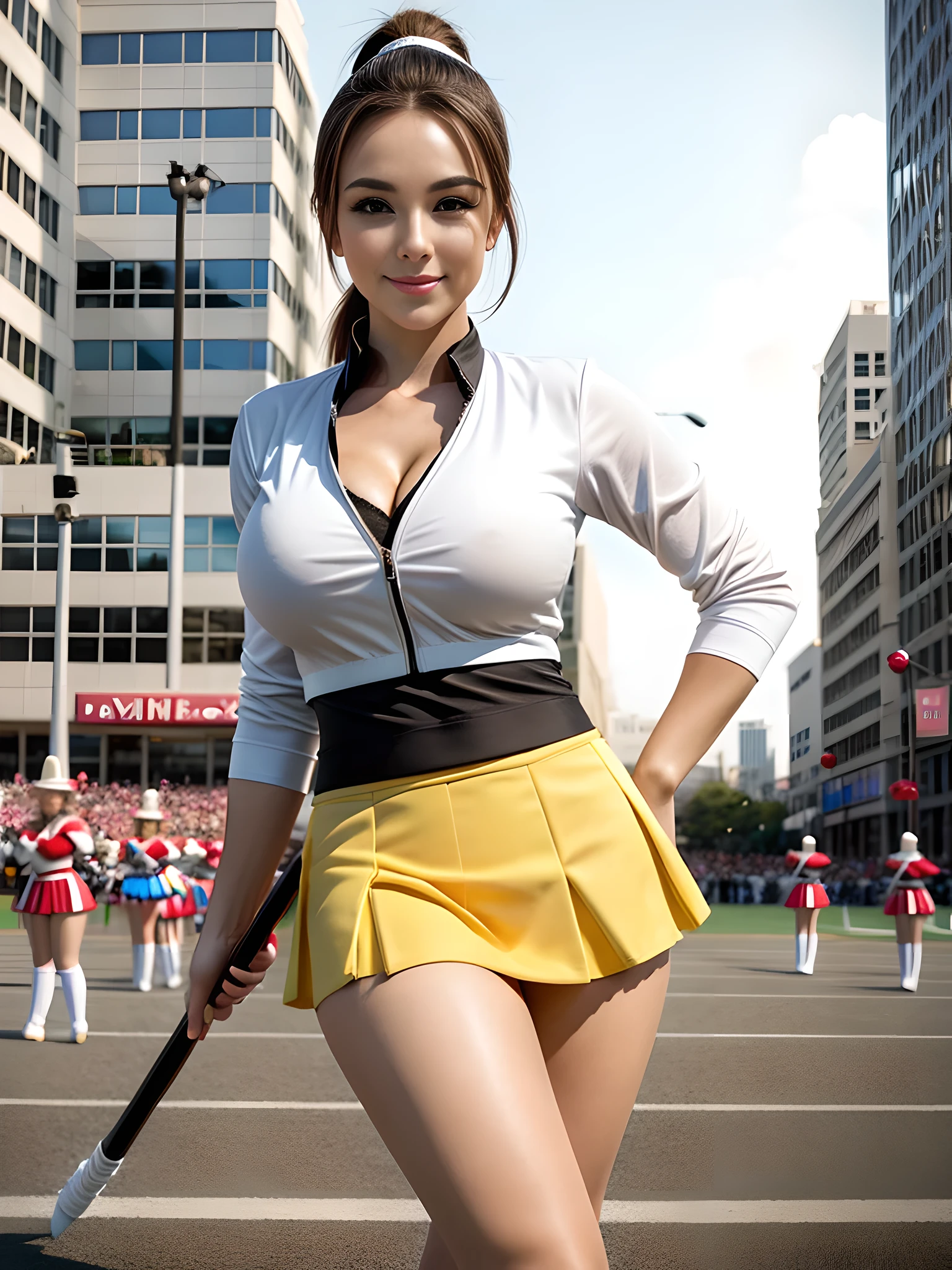((best quality)), ((best work)),(( ultra detail)), portrait, wide shooting angle, female majorette, beautiful, sexy, (Half Ponytail hair), detailed eyes, detailed face, bright face, big breasts, sweet smile, with a stick, dynamic poses, female majorette showing her skills, (majorette uniform), cleavage, (short skirt folded), lingier, stockings, big thighs, shoes, background, marching band neatly lined up, street, building, highly detailed, photo realistic, ((depth of field)), soft lighting, three items in the art station, conceptual art, ((intricate detail)), canon_dslr, hdr, 8k