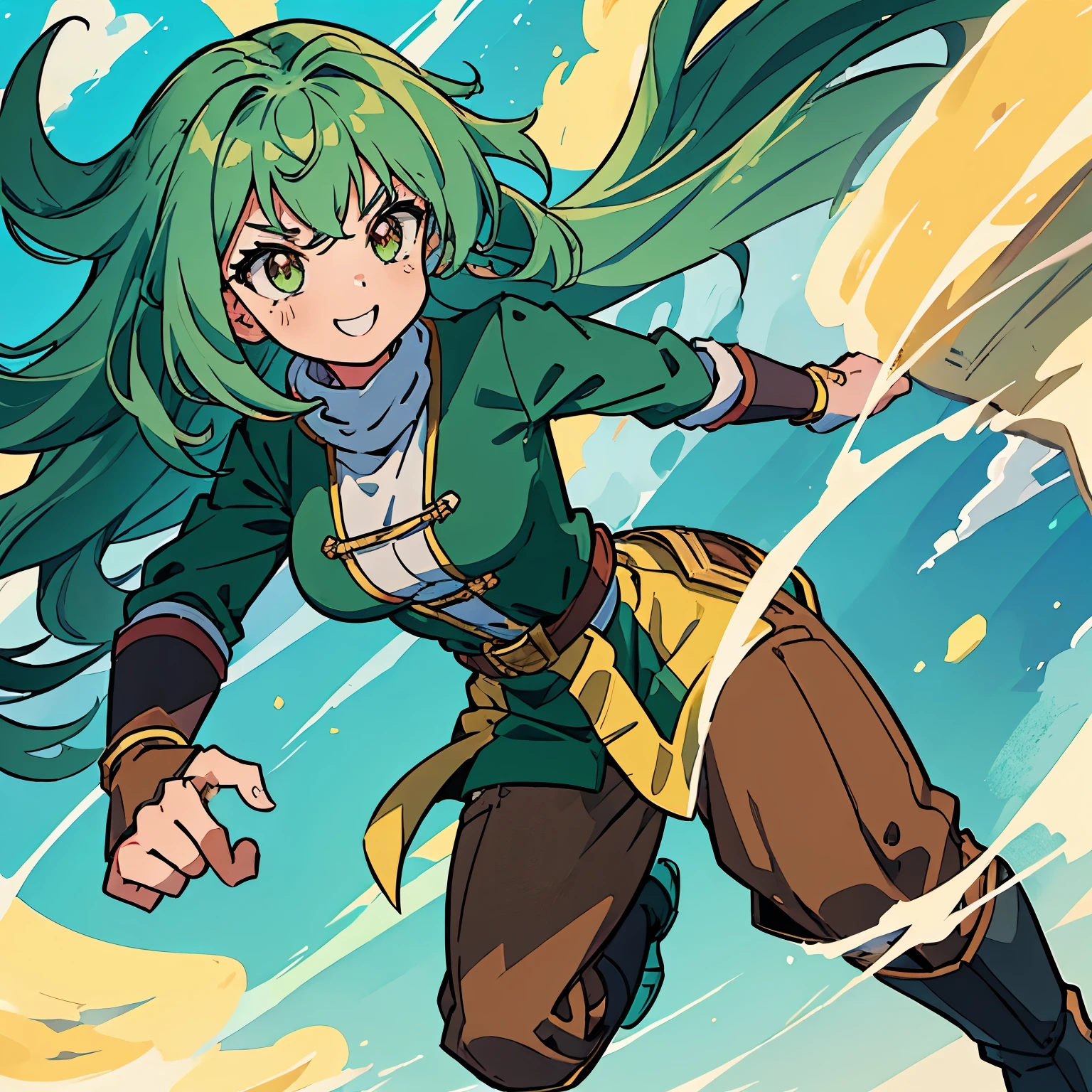 Female, woman, race: “Cerealian from Dragon Ball Super Manga”, mint green hair, has light skin, (wavy mint green hair), long hair, large hair bangs, (one left mint green eye) and (one right red eye), (attire consists of a dark green shirt under a green coat with yellow buttons), (a long brown scarf), a brown dual-buckled belt, (brown gloves and boots), (masterpiece), best quality, solo, 1girl, long wild spiky wavy hair, (brown sash belt), a cartoon character with mint green hair, long hair, hair over shoulders, mane of hair down back, ((looking at viewer)), smile