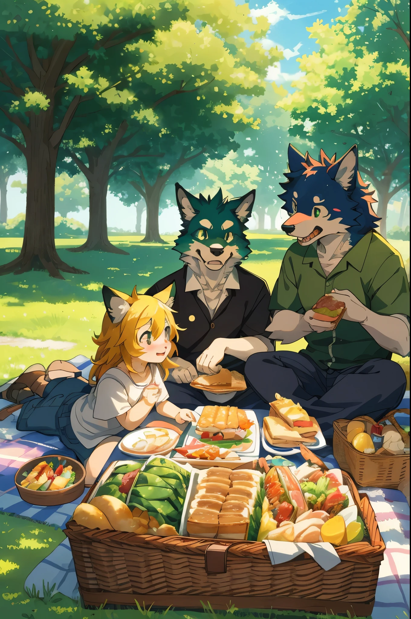 cover page, anime key visual, highres, top quality, best quality, paid reward available, High-quality illustrations, unparalleled masterpiece, perfect artwork, absurdres(heartwarming family picnic scene)(in lush green park)(kemono werewolf family with two parents of diverse descents and a )perfect anatomy, sitting on a colorful blanket, parents smiling and taking out food from a picnic basket, reaching for sandwich, cheerful and relaxed atmosphere, bright sunny day, trees in the background, fan-created work shared on platforms Pixiv or Twitter, cinematic lighting, dynamic angle,
