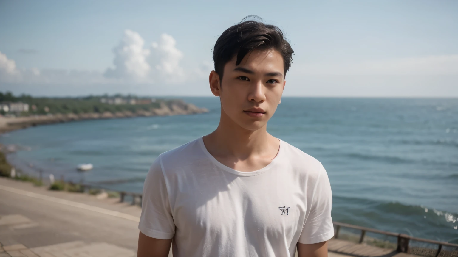 Young Asian male,Frontal photography,Look front,at the seaside,white t-shirt,short hair,To reveal the forehead，natural light,upper body，cinematic angle，The background is the sea horizon，full width,f1.8 anamorphic