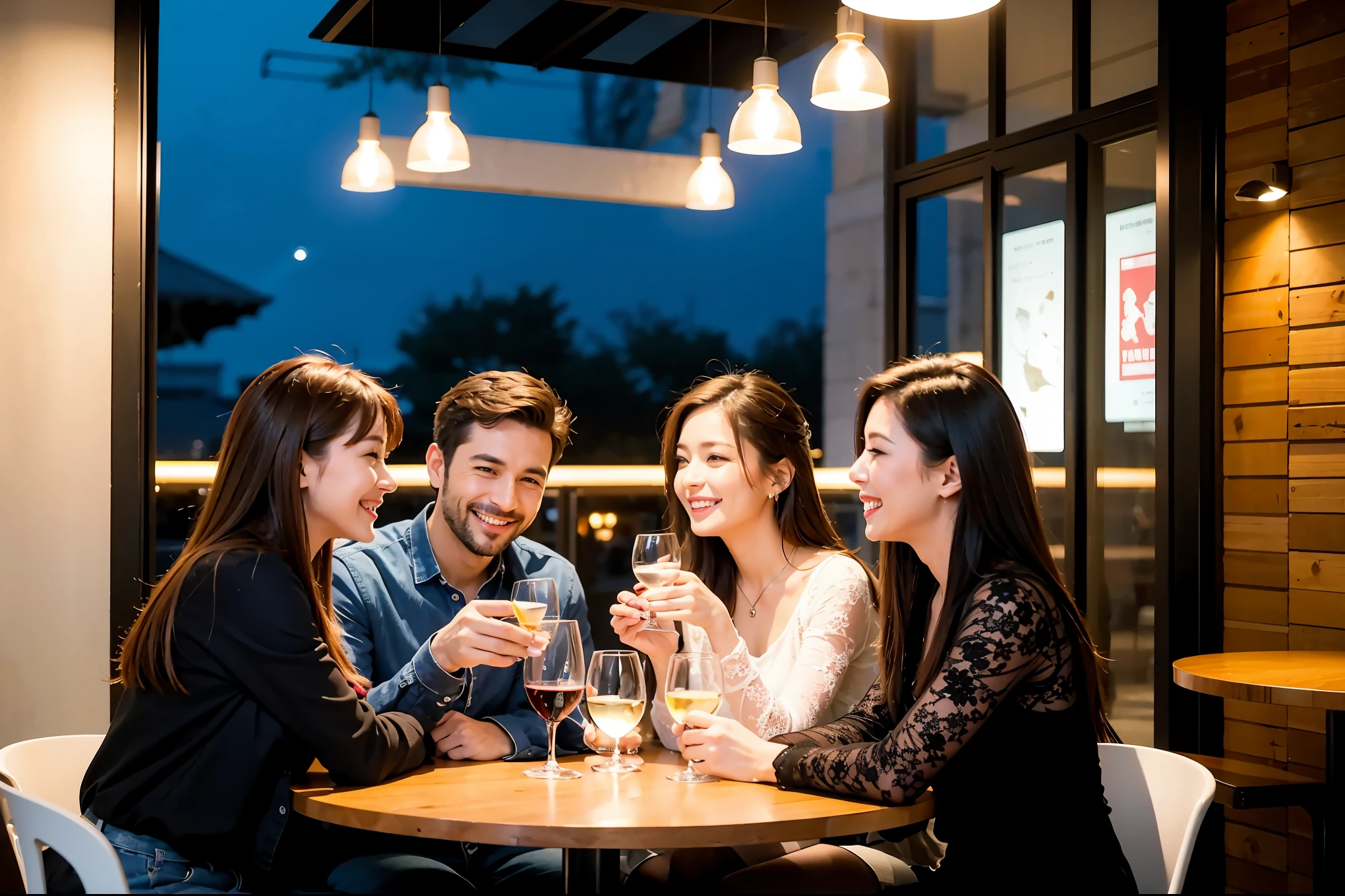 64k, UHD, highest quality, masterpiece: 1.2), (realistic, photorealistic: 1.37), Super detailed, celebration party、beauty、charming、beautiful mature woman、3 women who love wine、three men、champagne、Sparkling wine、winter night、restaurantでワイン宴会、(slimな男女4名),(Wine party for 5 people)、(slimフェイス),Happy、 最高なsmile、Fox Face、Berry Short、(because I&#39;thin), (brown hair), (shortcut), long sleeve shirt、winter fashion、Japanese、Dutch、German、Portuguese、Belgian、Italian、french, (gushing), (slimボティ), (brown hair), (shortcut), 端正なbeauty、cheeks blush a little, (34 years old), 38 years old,32 years old、40 years old、29yo、 A beautiful and detailed night view spreads out outside the window....., restaurant, wine glassが座っている, At night, in a prominent place (from the Upper body) nova frog style, actress, model, Upper body, White wine, slim, wine glass, Very beautiful night view, wine glass Put in the Middle, Happy smile, (smile: 1.15), 