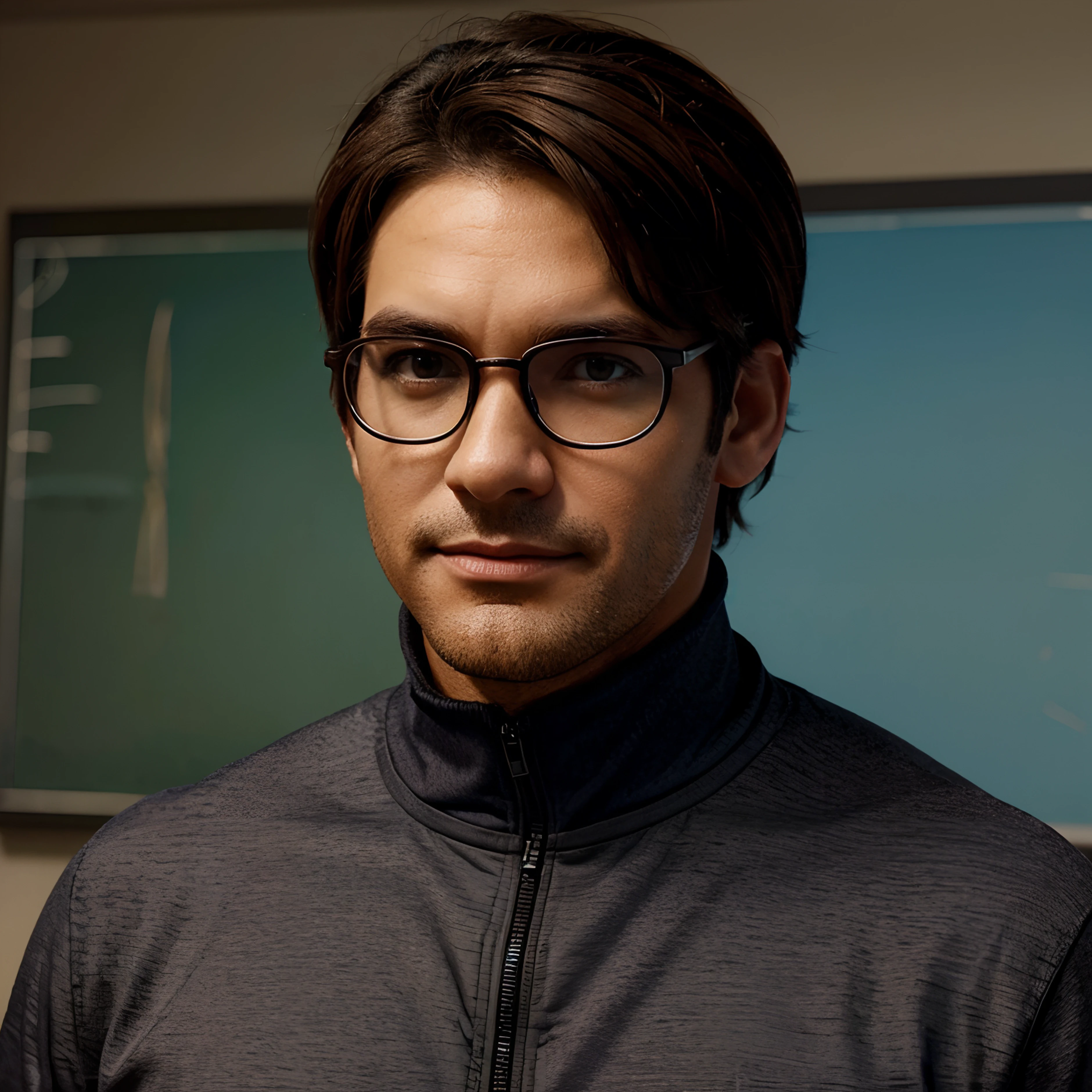 Crie um avatar homem estilo Pixar de pele parda, with rectangular glasses and dark brown hair with a low cut. He's a teacher