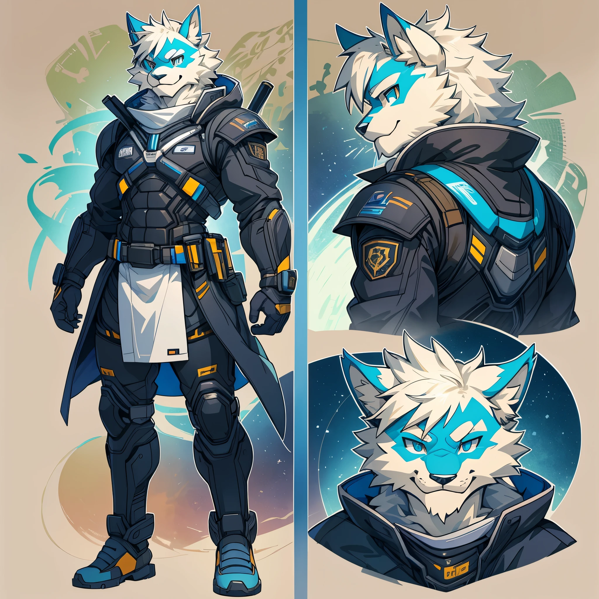 ((masterpiece)), (ultra detailed), (best quality), detailed background, (style of Science Fiction), (concept art, character sheet), game package, absurdres(highly detailed beautiful face and eyes)perfect anatomy(angelic handsome boy, kemono, )(furry anthro),