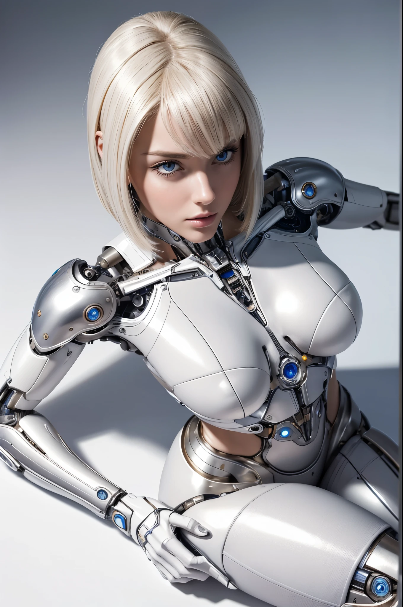 masterpiece, best quality, hyperrealistic, extremely detailed:1.5, a beautiful european woman, cyborg:1.6, simple white background, metallic bone exposed, perfect mechanical arms, mechanical legs, perfect hands, sitting on the floor, from above:1.3, looking at viewer, silicone, metal, microchip, electric wires