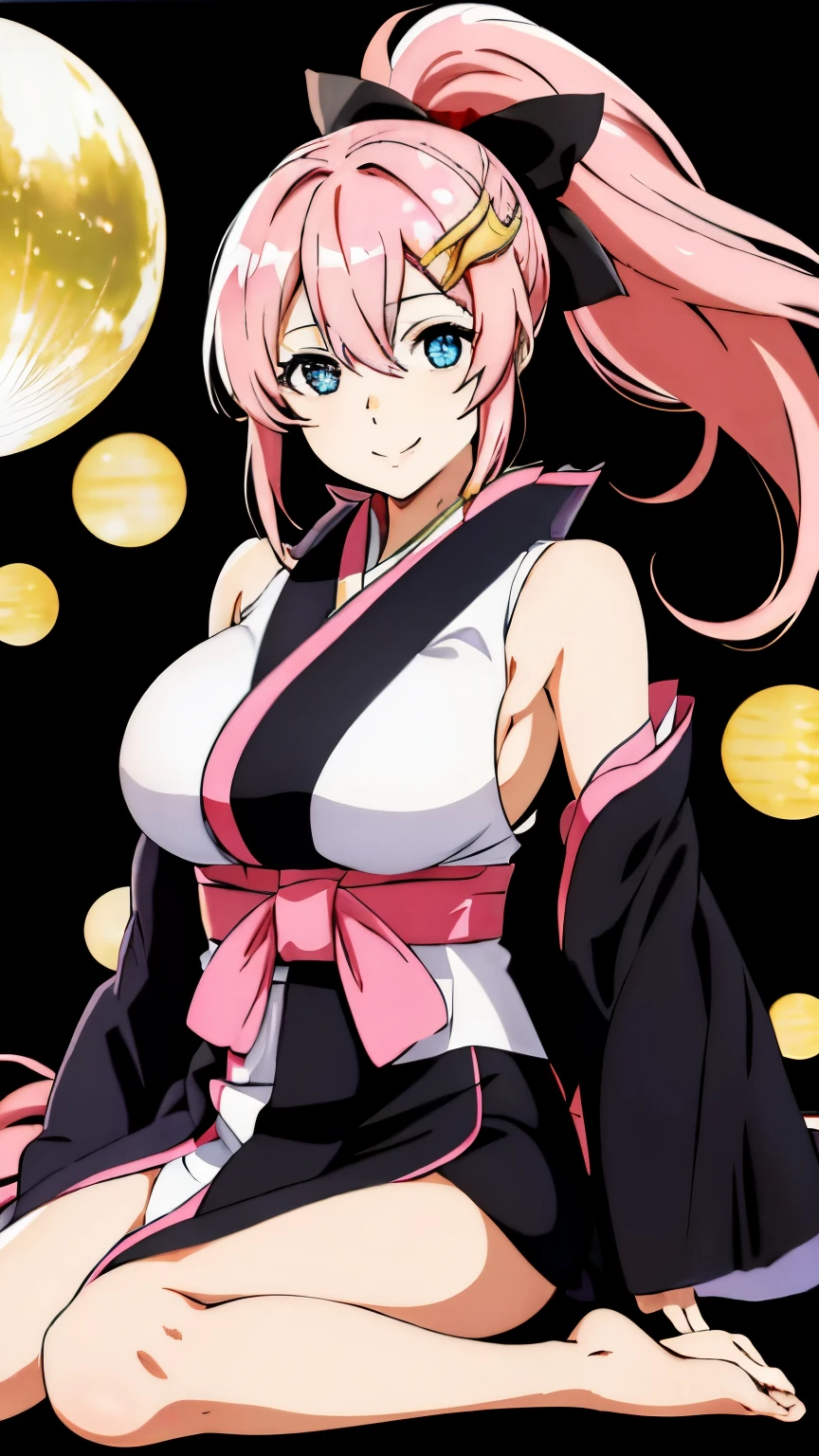 masterpiece, highest quality, High resolution, Lux 3, 1 girl, alone, Lux 3, pink hair, short kimono, blue eyes, hair ornaments, very long hair, black sleeves, No sleeve, kimono, bow, black kimono, hair bow, ponytail, floating hair, hair between eyes, big breasts, sitting, sheet, spaceship, smile, armpit,