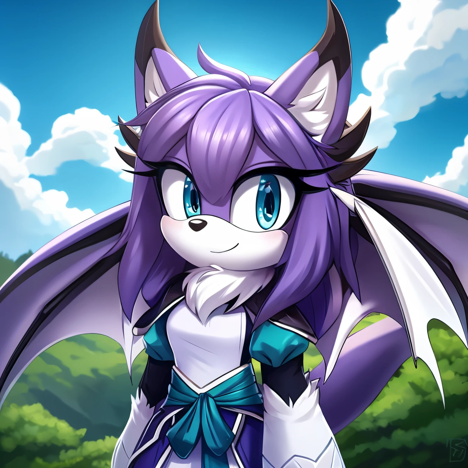 Female, Mobian, Dragon, fluffy purple and white fur, black and light teal attire, blue eyes