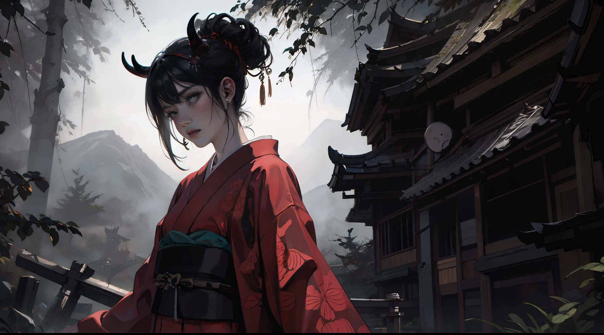 scared samurai oni mask,monster background,(best quality,4k,8k,highres,masterpiece:1.2),ultra-detailed,(realistic,photorealistic,photo-realistic:1.37),dark and mysterious atmosphere,ominous lighting,authentic Japanese texture,ominous and towering mountains,misty and eerie forest,haunting green eyes,loud growls piercing the silence,sharp and menacing horns,intimidating presence of shadows,dynamic and intense brush strokes,evokes traditional Japanese woodblock prints.