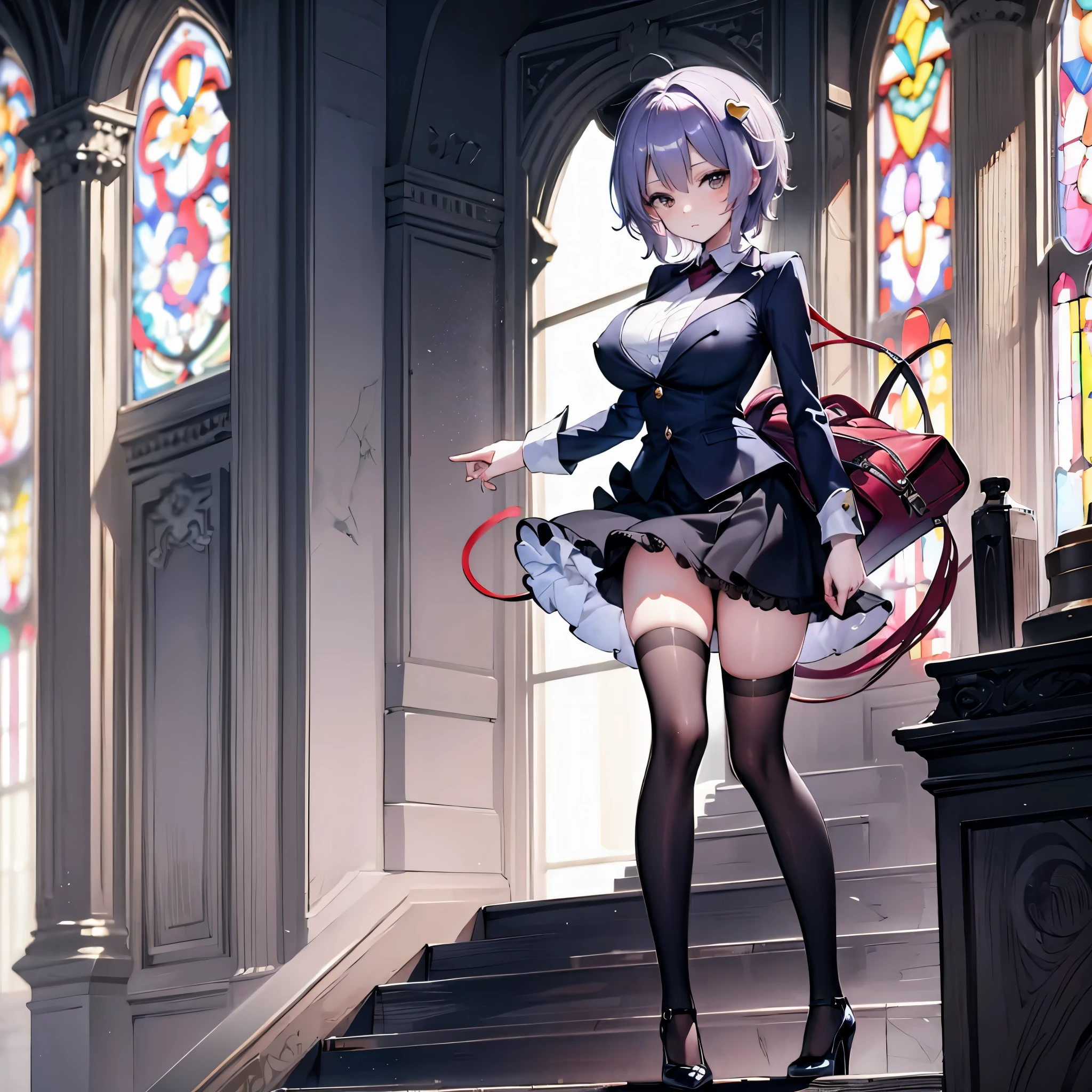 Satori toho character, (solo), standing, stained glass, BREAK, short hair, (huge perky breasts), bursting breasts, (inconceivably thin waist), very long legs, BREAK, (black blazer), (black thighhighs), very short black miniskirt, highheels, military, BREAK, masterpiece, ultra-detailed