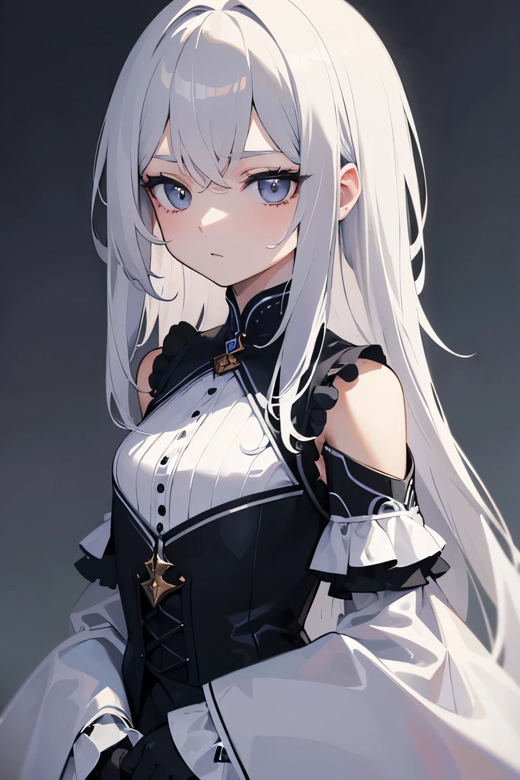 Superb Quality, Masterpiece, High Resolution, Best Quality, UHD, Super Detail, Award-Awarded, 16k, (Upper Body), A Beautiful Maiden, Gray Hair, Hair, ((Heterochromia)), Hanging Eyes, Fair Skin, (Small Breasts), (Slim Body), ((Uniform with Short Jacket)), (Ribbon Collar), (Short Gloves as Short as Half a Palm)