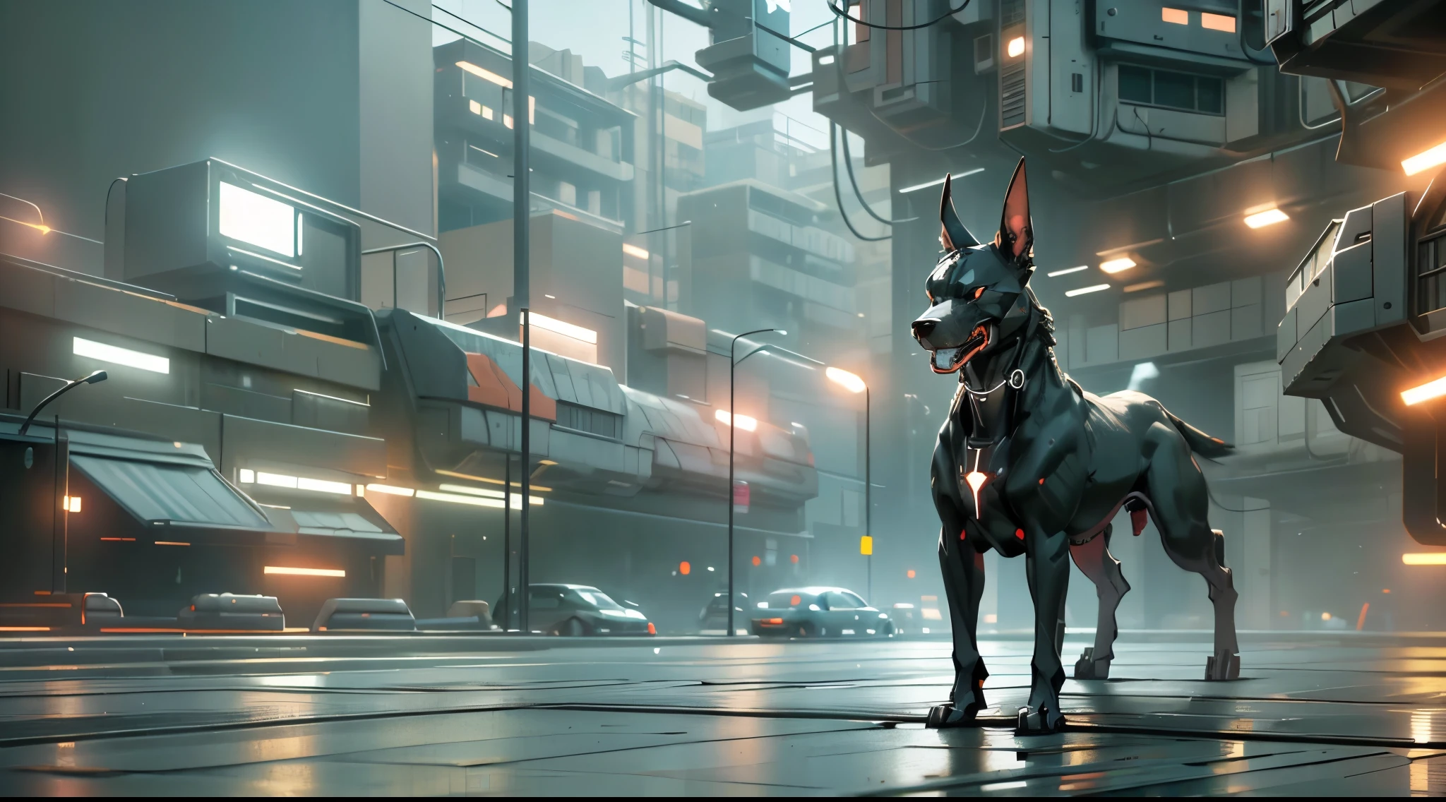 cyberpunk, Mechanical dobermann，（Mechanized dobermann head:1.5), steel teeth，glowing neon light,  ( global illumination, Ray tracing, human development report, Unreal rendering,Reasonable design, high detail, masterpiece, best quality, ultra high definition, Beijing_Zagu_Mecha