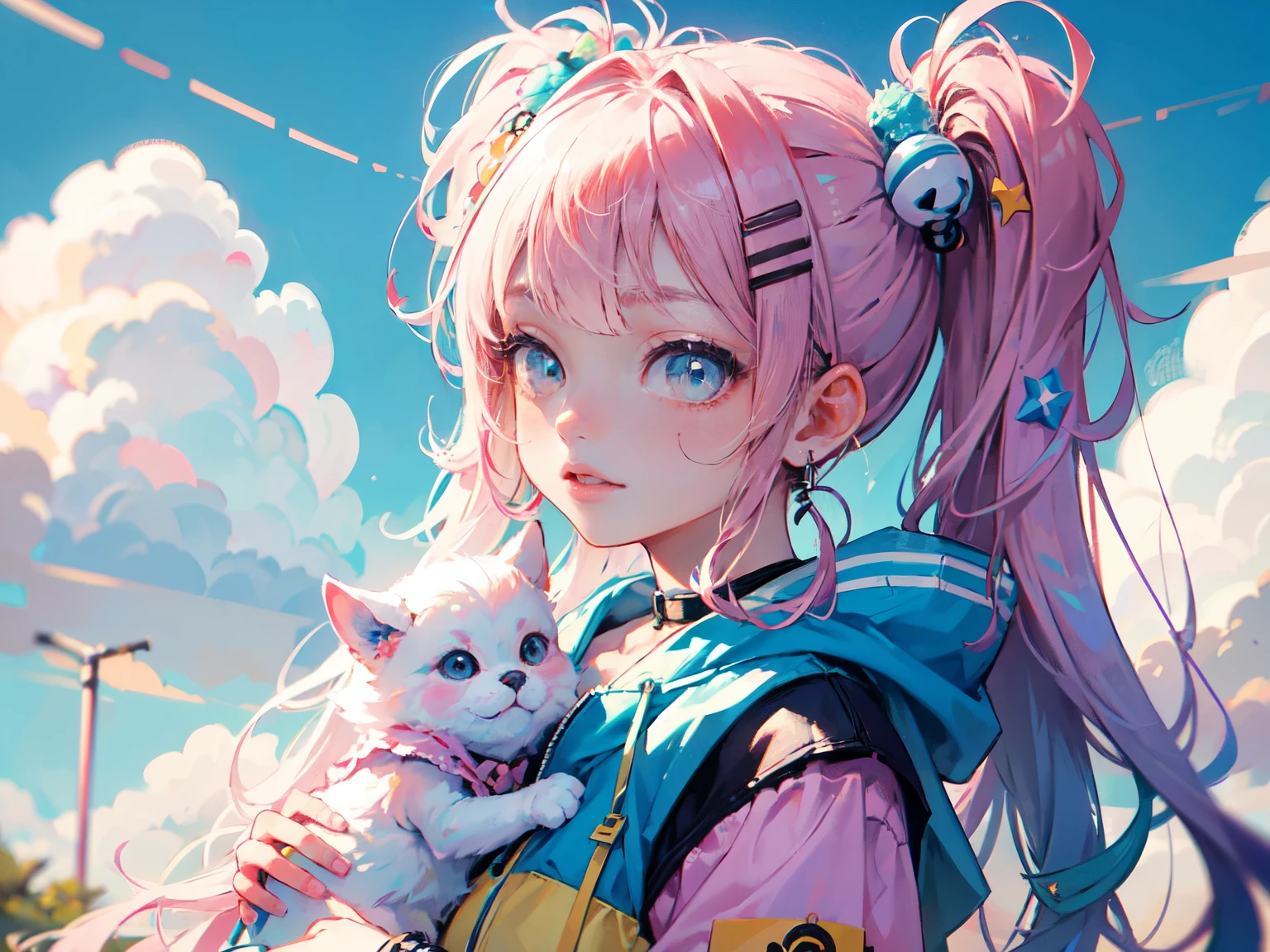 "kawaii, Cute, Adorable girl in pink, yellow, and  blue color scheme. She wears sky-themed clothing with clouds and sky motifs. Her outfit is fluffy and soft, With decora accessories like hair clips. She embodies a vibrant and trendy Harajuku fashion style."
