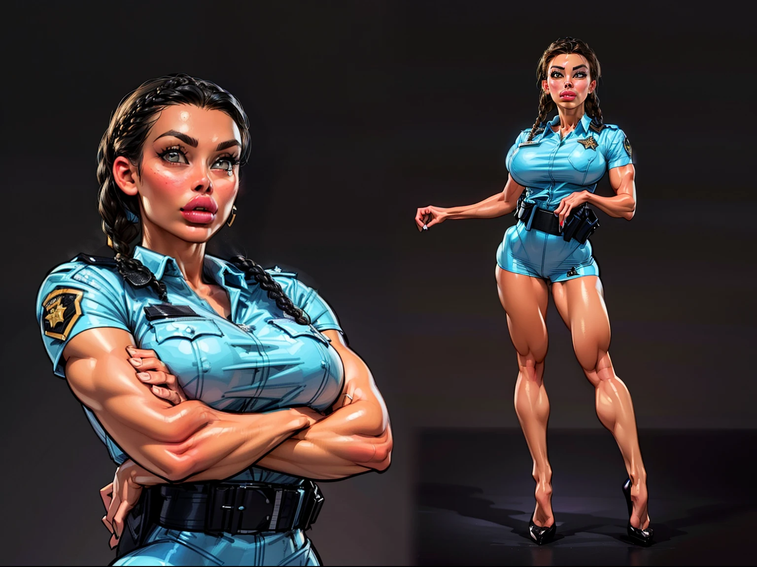 ((masterpiece)),(((best quality))),((character design sheet)), illustration,1woman, environment Scene change, (braided hair:1.4),((police officer:1.5)), muscular, black legs, thick legs, (pale skin:1.3), scribbles and marks, light blue shirt, ((detailed face:1.3)), rough sketches, (puffy lips:1.5), pose too, ((brunette hair:1.2)), (police officer outfit:1.4) , 8k,16k, (simple background, black background: 1.3)