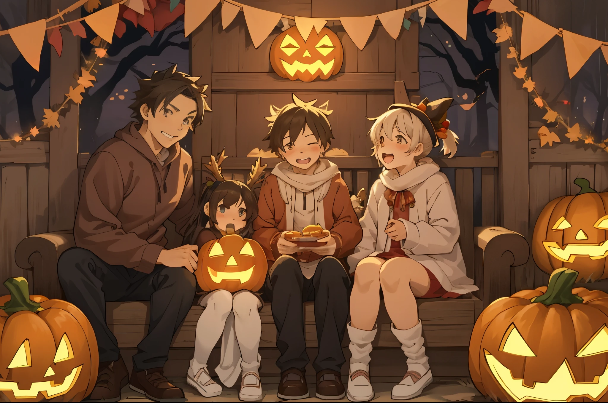 Create a detailed, high-quality fan art cover for a doujinshi based on a slice-of-life anime series, featuring a close-knit family enjoying Halloween together. The scene should depict a festive and joyous atmosphere, with the family members laughing and surrounded by sweets, and the  holding a jack-o’-lantern. The parents are amiably giving out treats to the . Capture the warmth and happiness of the family moment, with a focus on expressing the characters’ enjoyment of the holiday. The image should be in a vertical format, with vivid colors and a homely, welcoming vibe, suitable for a fan-created work that could be shared on platforms like Pixiv or Twitter,