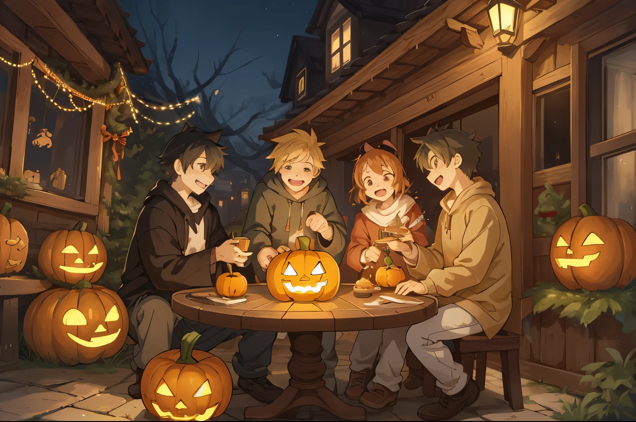 Create a detailed, high-quality fan art cover for a doujinshi based on a slice-of-life anime series, featuring a close-knit family enjoying Halloween together. The scene should depict a festive and joyous atmosphere, with the family members laughing and surrounded by sweets, and the holding a jack-o’-lantern. The parents are amiably giving out treats to the . Capture the warmth and happiness of the family moment, with a focus on expressing the characters’ enjoyment of the holiday. The image should be in a vertical format, with vivid colors and a homely, welcoming vibe, suitable for a fan-created work that could be shared on platforms like Pixiv or Twitter,