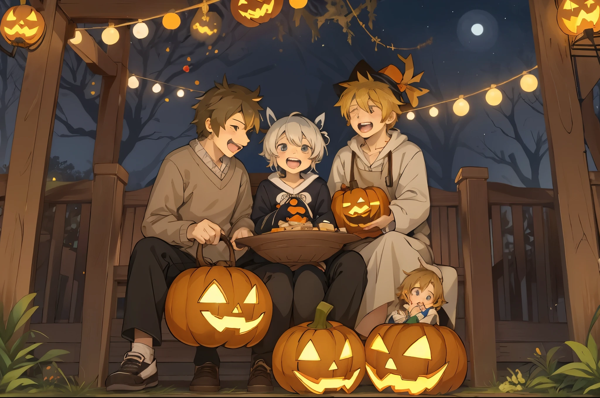 Create a detailed, high-quality fan art cover for a doujinshi based on a slice-of-life anime series, featuring a close-knit family enjoying Halloween together. The scene should depict a festive and joyous atmosphere, with the family members laughing and surrounded by sweets, and the holding a jack-o’-lantern. The parents are amiably giving out treats to the . Capture the warmth and happiness of the family moment, with a focus on expressing the characters’ enjoyment of the holiday. The image should be in a vertical format, with vivid colors and a homely, welcoming vibe, suitable for a fan-created work that could be shared on platforms like Pixiv or Twitter,