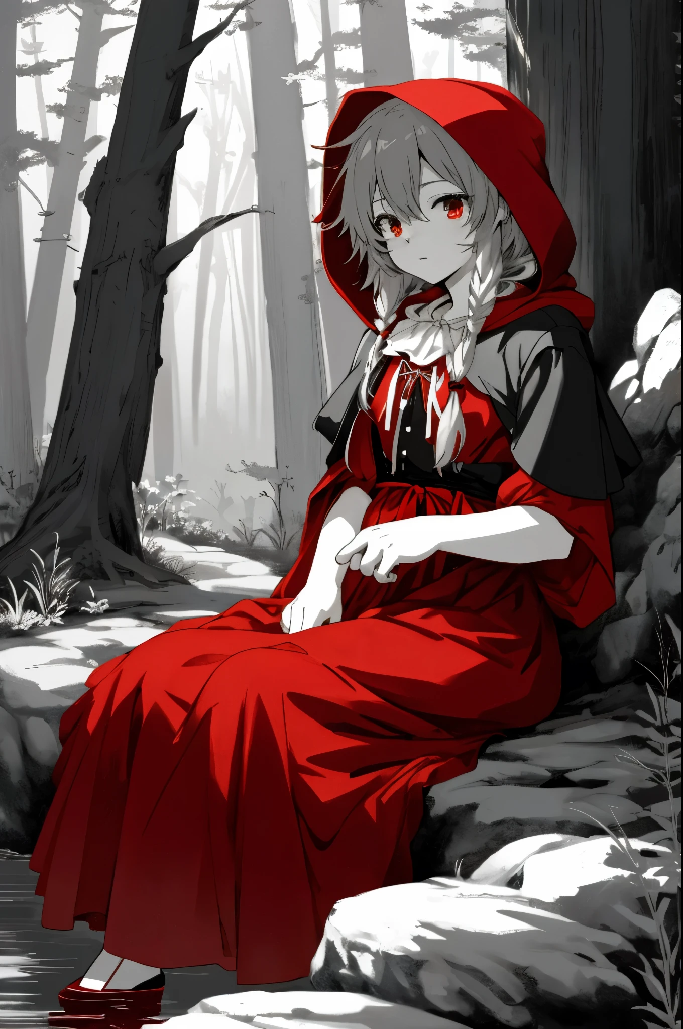 top quality, best quality, highres, unparalleled masterpiece, perfect artwork, paid reward available, anime girl in red riding hood sitting on rock in forest, an anime drawing by Shitao, pixiv, fantasy art, grayscale phtoto with red dress, red riding hood, dressed in a beautiful red cloak, little red riding hood, thief red riding hood, beautiful anime art style, high quality anime art, high quality anime artstyle, at pixiv, monochrome,