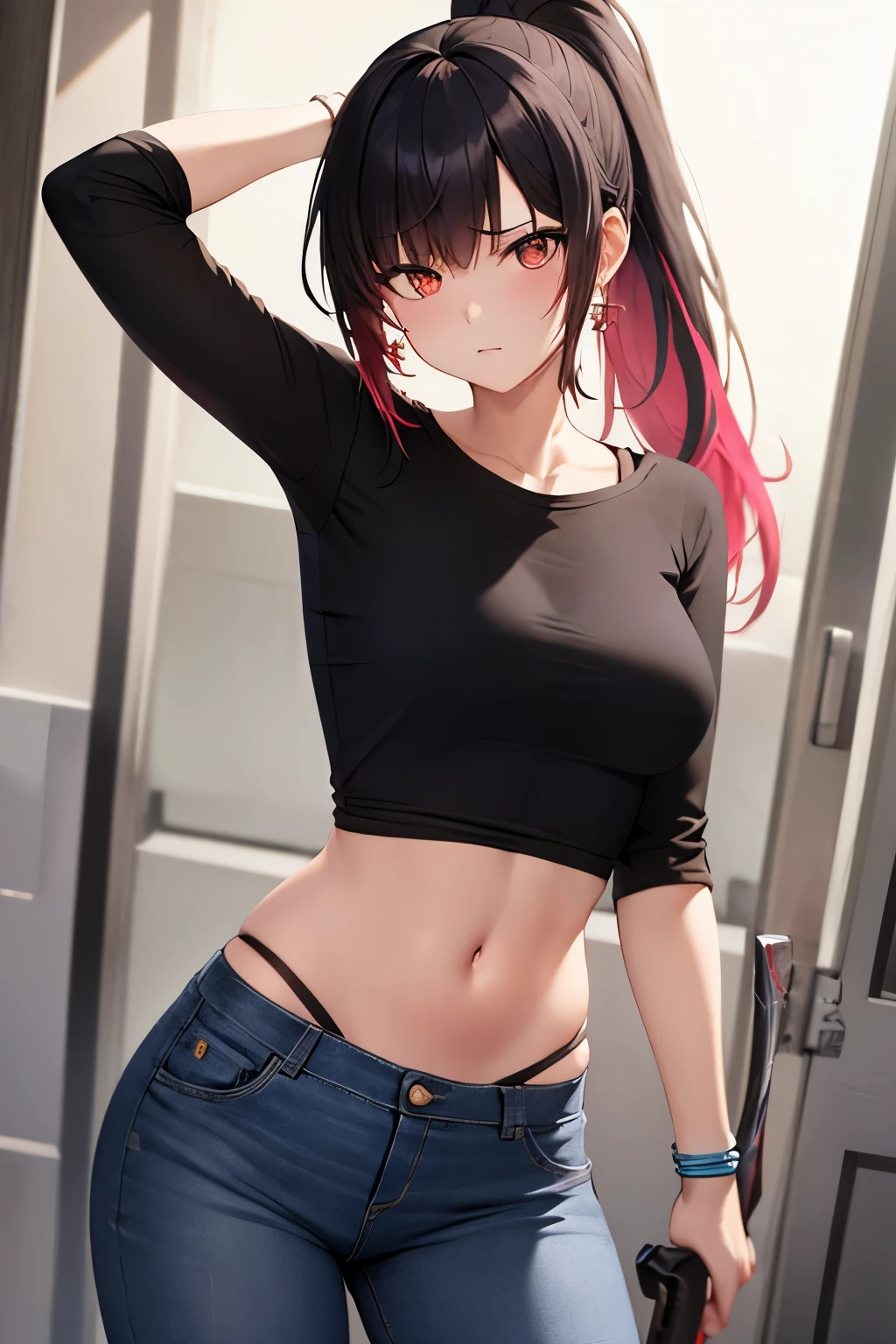 ((최고의 품질)), ((걸작)), (상세한), 완벽한 얼굴
rating:safe, 1girl, jewelry, earrings, red_eyes, black_hair, navel, denim, long_hair, shirt, solo, ponytail, black_shirt, looking_at_viewer, midriff, short_sleeves, collarbone, bracelet, pants, jeans, bangs, multicolored_hair, standing, cowboy_shot, eyebrows_visible_through_hair, holding a weapon
