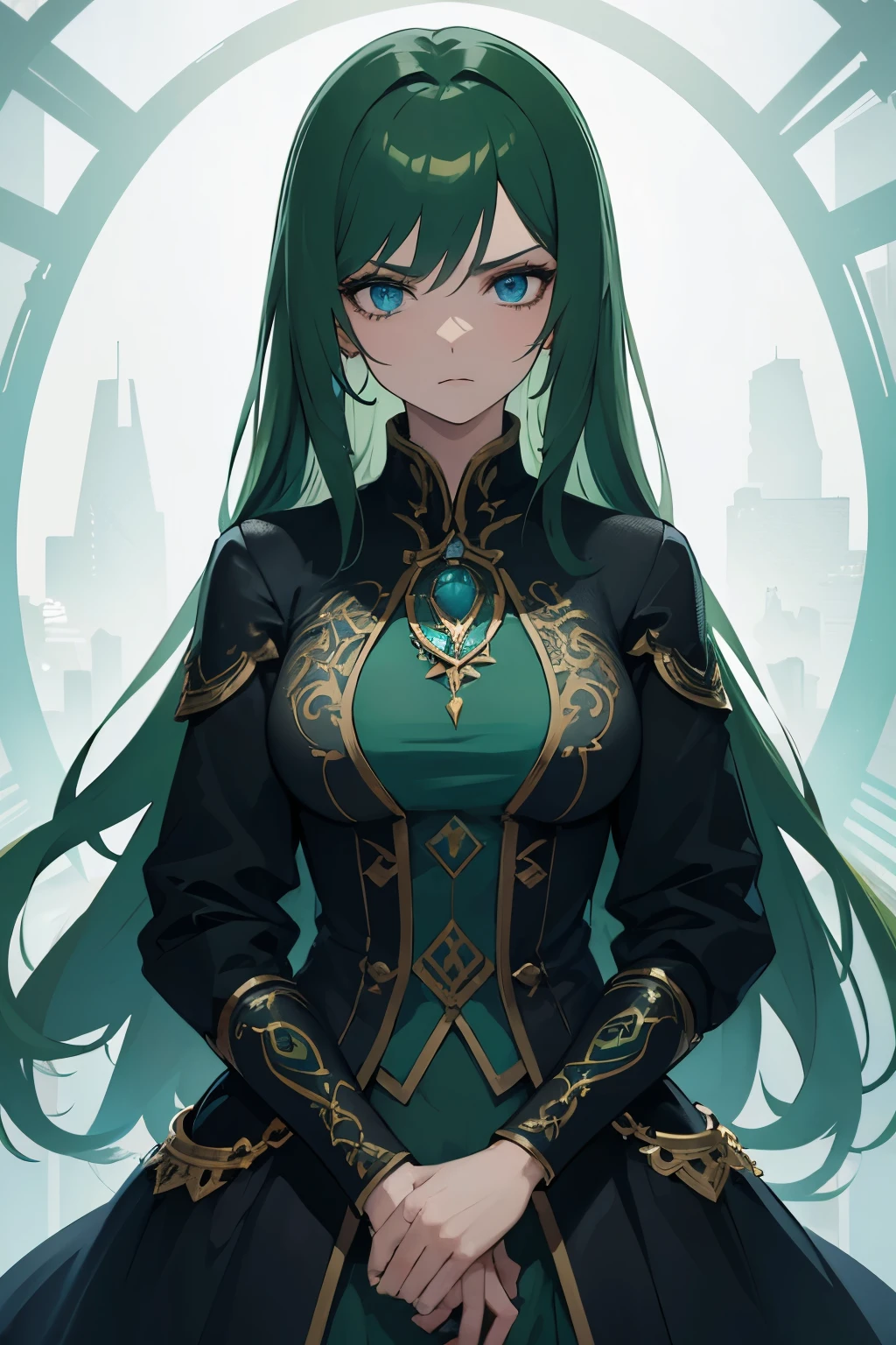 (((masterpiece))), top quality, super detailed, woman, Green hair,emotionless,Mechanical,blue eyes,mysterious costumes,magical color,An arrogant look,mature