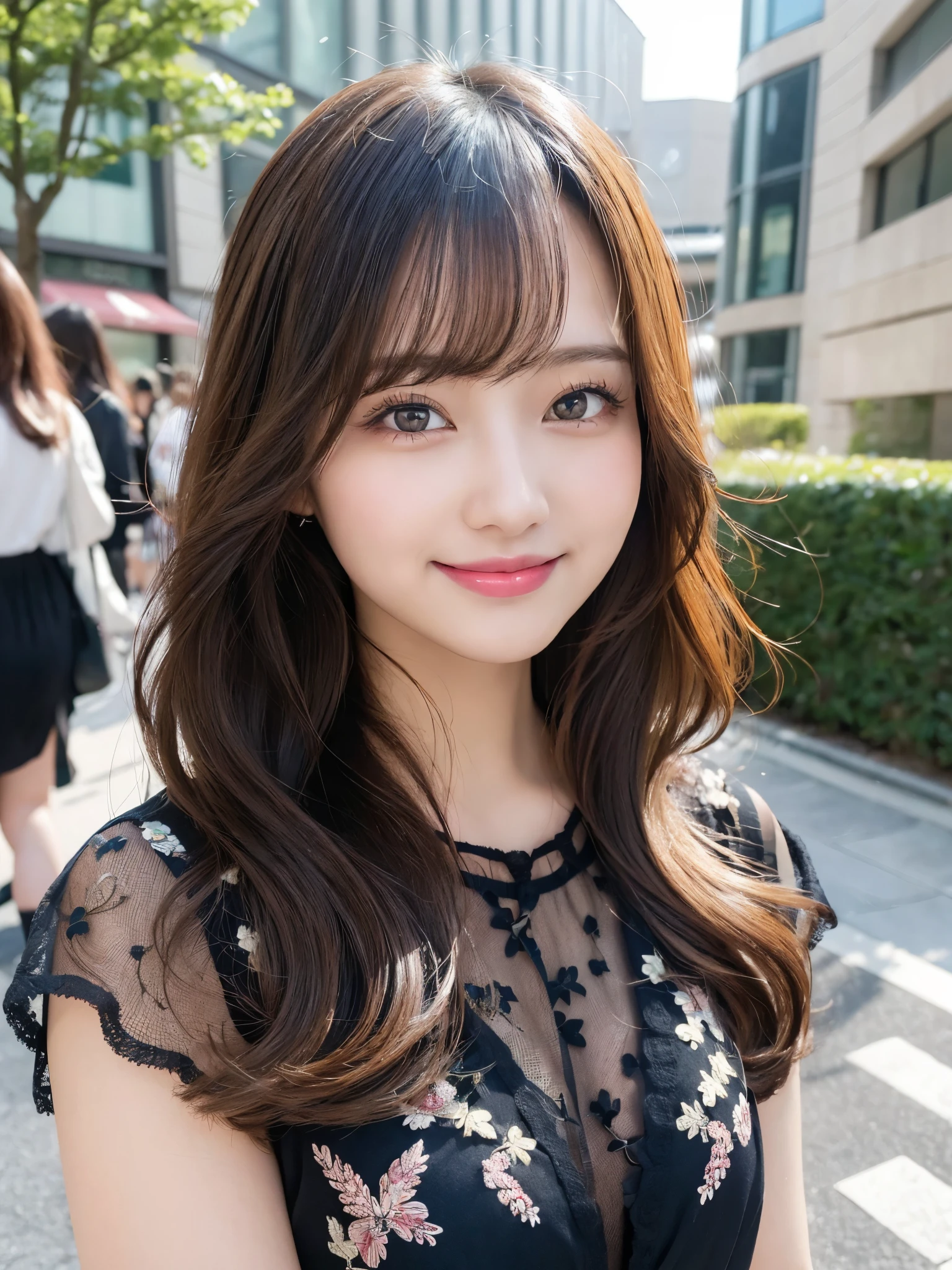 (mastepiece, Best Quality:1.3), real photo, Ultra-detailed, detailed, high resolution, 8K wallpaper, perfect dynamic composition, beautiful detailed eyes, spring ladies fashion, medium wavy hair, natural coloured lips, bold sexy pose, smiling face, Harajuku, 20 year old girl, cute, sexy shot looking at camera.