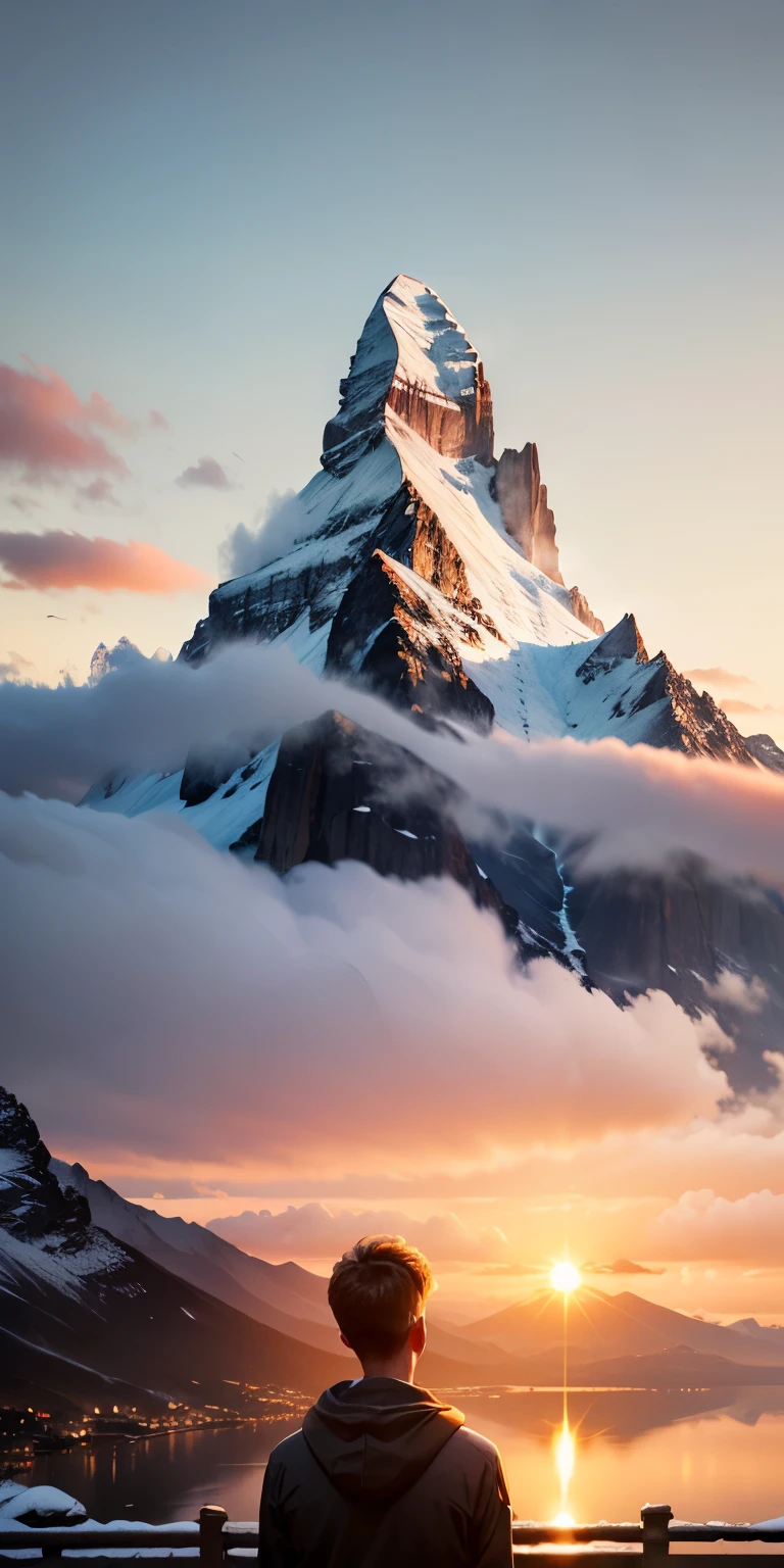 realistically、Switzerland&#39;s Matterhorn seen from a distance、The sun is setting、20 year old boy is watching