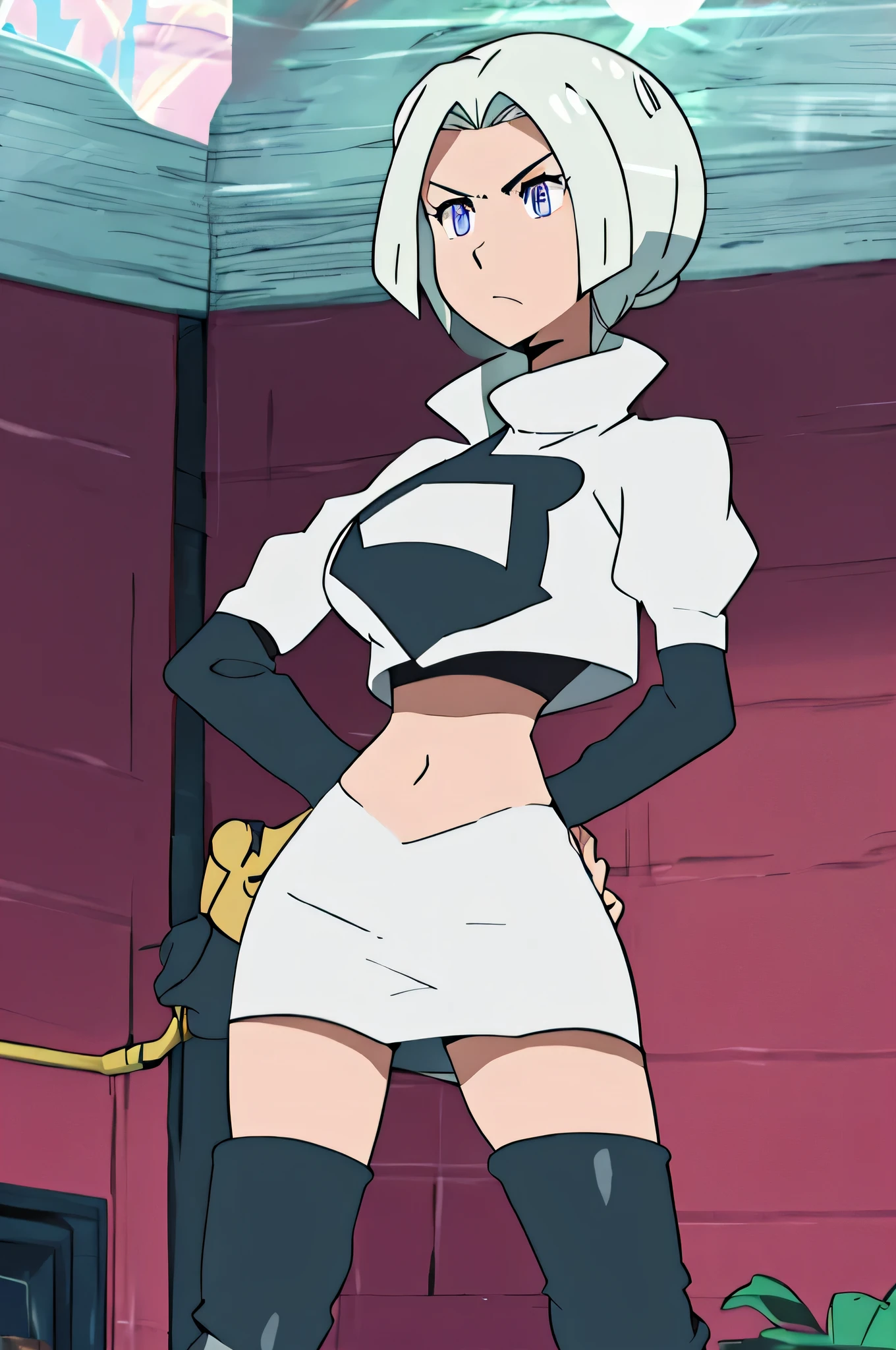 1girl in, (Solo:1.2), (Perfect body:1.1), (Best Quality:1.1), , very large breast, hands on hip,team rocket uniform, red letter r, white skirt,white crop top,black thigh-high boots, black elbow gloves, glaring angrily, looking at viewer, hands on hips,zettai ryouiki, Edelgard von Hresvelg