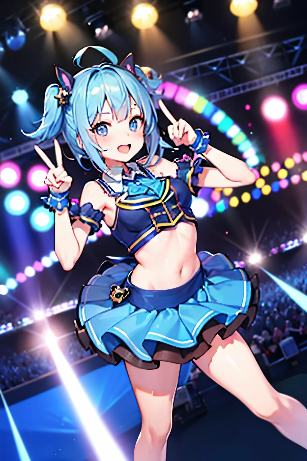 blue hair, blue eyes, dog girl, idol costume, In TV shows, peace sign pose, have a microphone, look at the audience happily, mini skirt, Rainbow Light, high quality, masterpiece, ray tracing, realistic background, blurred background, super clear, HD