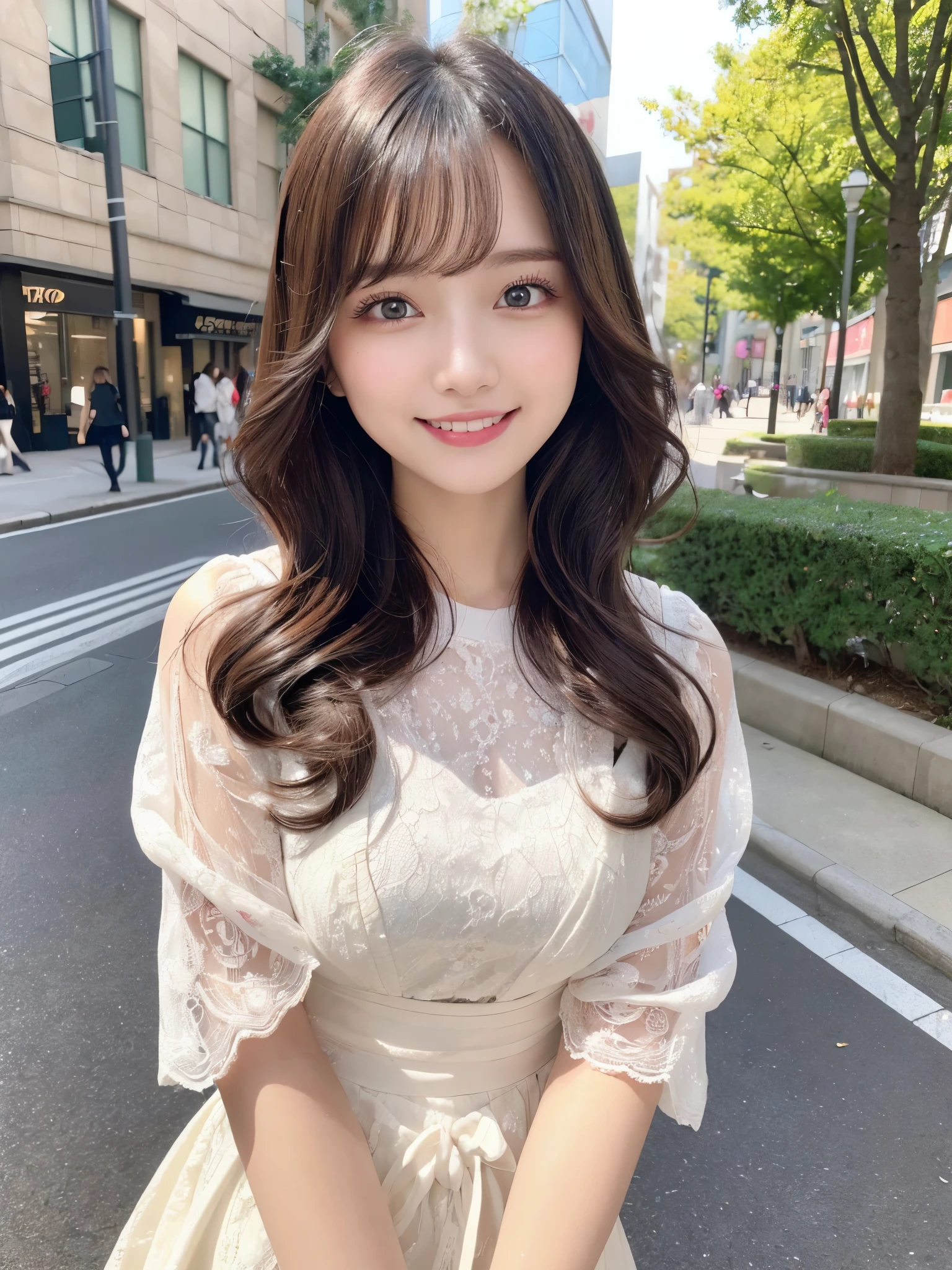 (mastepiece, Best Quality:1.3), real photo, Ultra-detailed, detailed, high resolution, 8K wallpaper, perfect dynamic composition, beautiful detailed eyes, spring ladies fashion, medium wavy hair, natural coloured lips, bold sexy pose, smiling face, Harajuku, 20 year old girl, cute, sexy shot looking at camera.