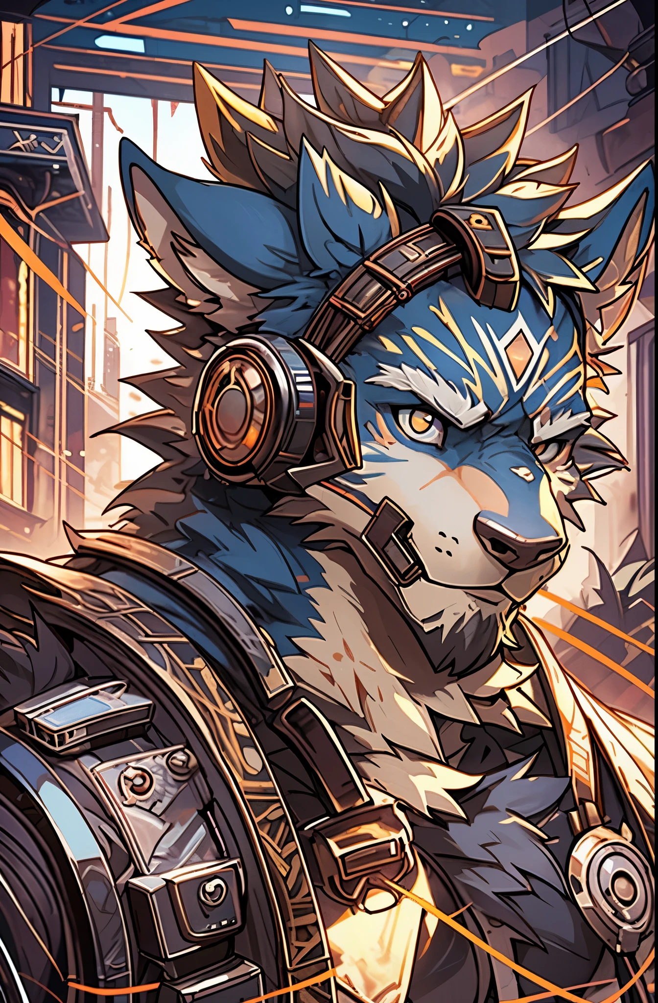 top quality, High-quality illustrations by Johannes Vermeer, masterpiece, Dark_Fantasy, Cyberpunk, steam punk(super handsome boy, single, kemono)Mechanical marvel, Robotic presence, Cybernetic guardian, wearing a worn-out mech suit, intricate(steel metal, rusty)(furry anthro:1.7)(Furry body, dog facial features, dog body features)elegant, clear focus, shot by greg rutkowski, soft lighting, vibrant colors, masterpiece((street))cowboy shot, dynamic pose,