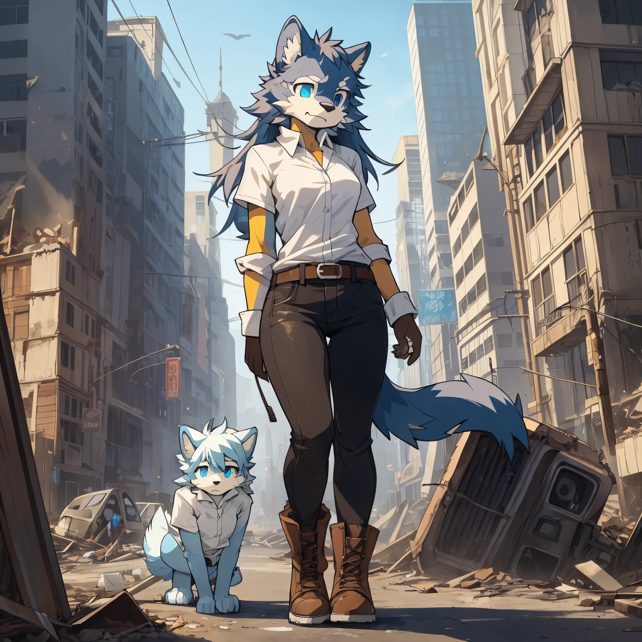high quality, very high resolution, large filesize, full color, high quality, very high resolution, large filesize, High-quality illustrations, masterpiece (highly detailed beautiful face and eyes)absurdres, perfect anatomy(super cute girl, kemono)(furry anthro:1.7)(Furry body, dog facial features, dog body features)(((very detailed body fur)))full body, dramatic composition, future, Earth, collapsed world, gray, dirty white shirt, black pants, worn boots, expressionless, tired, lonely, despairing, dark, lonely, left side, brown, valuable items, food, destroyed city, collapsed buildings, cars, roads, rusted, burned,