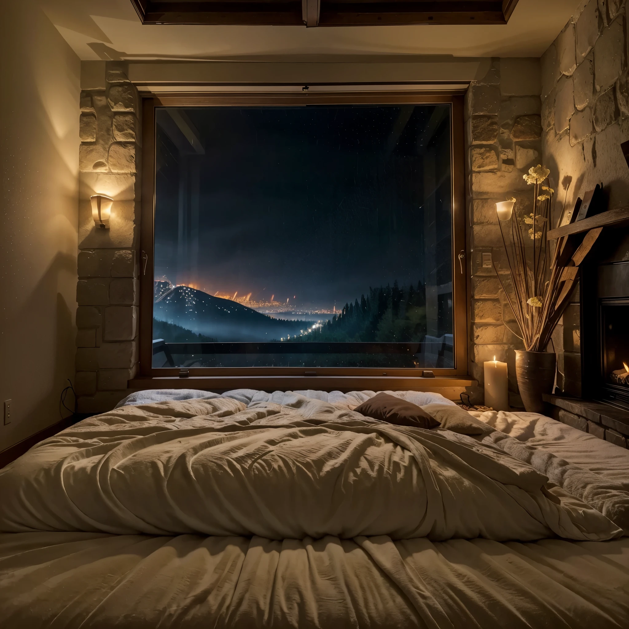 a dimly lit room with a big fireplace and a cozy bed in front of big windows, epic view, stunning windows, rainy night, cozy place, home atmosphere, fairy lights, twinkling, rain aesthetic, cozy home background, rainy mood, inside on a rainy night, candles, fireflies, forest outside, romantic, lightening, enchanted forest, glowing, mountains, misty, dripping, fuzzy blankets, soft bedroom, fluffy bed, warm pillows, dancing flames, petals, flowers,