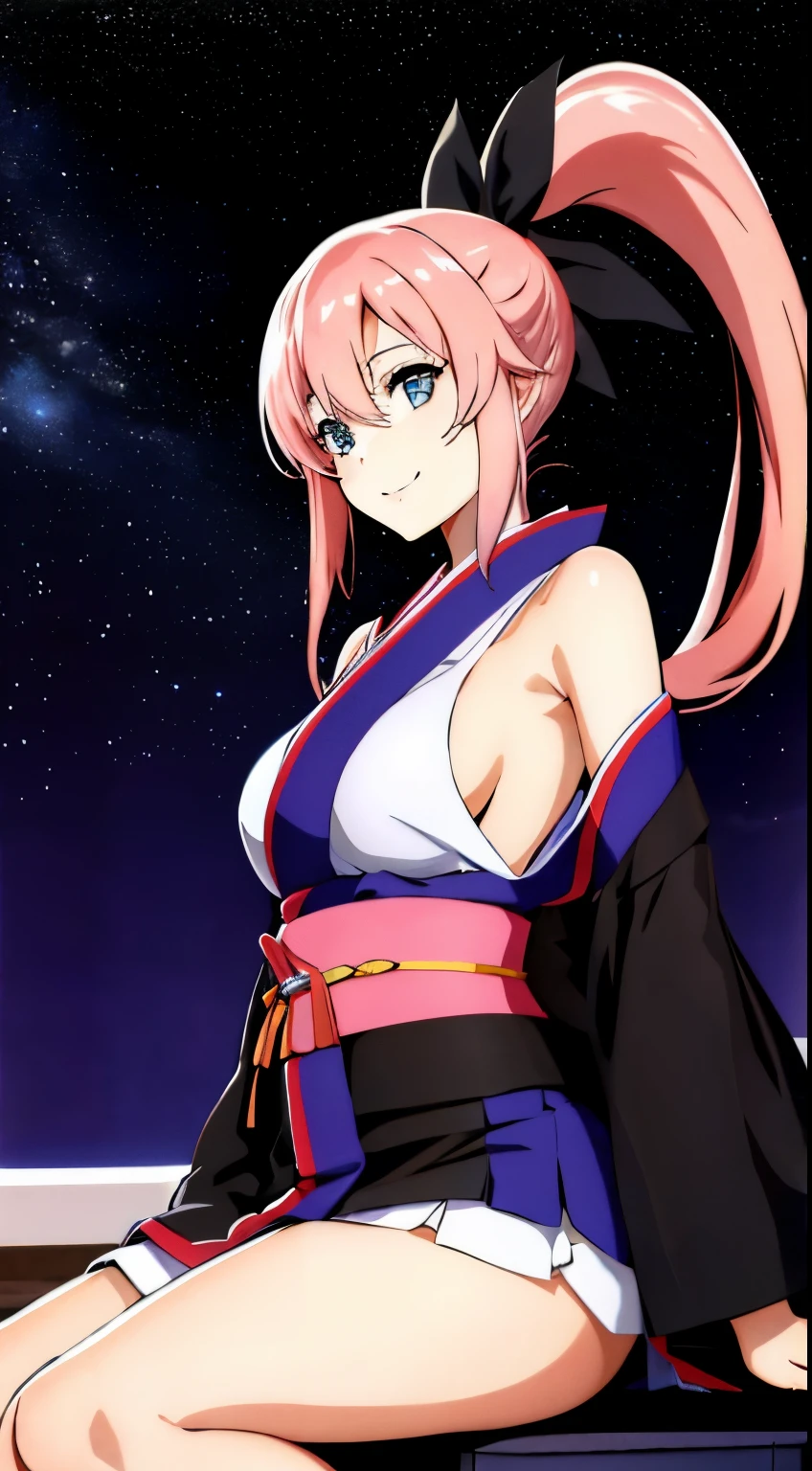 masterpiece, highest quality, High resolution, Lux 3, 1 girl, alone, Lux 3, pink hair, spread legs、show white panties,miniskirt short kimono, blue eyes, hair ornaments,Lux Klein、 very long hair, black sleeves, No sleeve, kimono, bow, black kimono, hair bow, ponytail, floating hair, hair between eyes, big breasts, sitting, sheet, spaceship, smile, armpit,