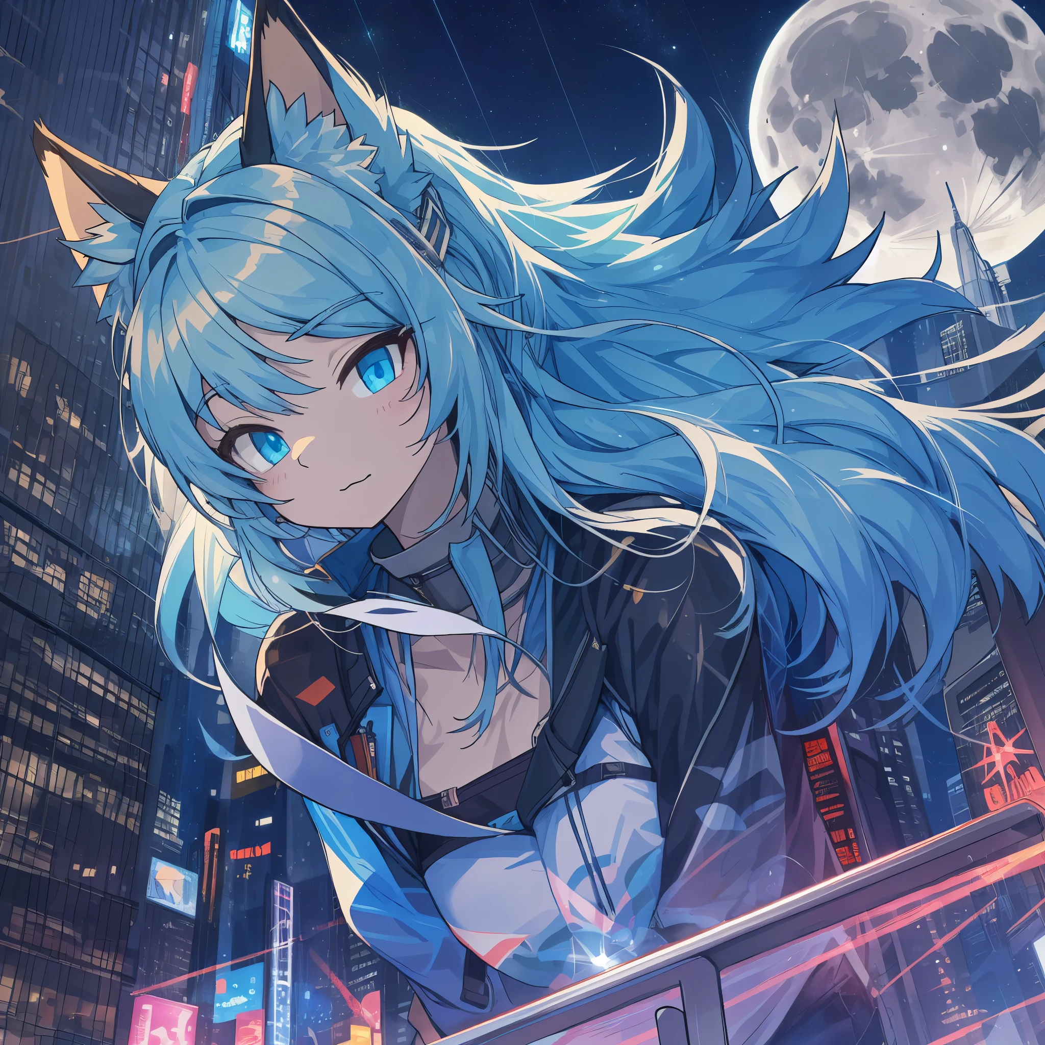 perspective, top quality, best quality, High-quality illustrations, masterpiece, (angelic cute 1girl, kemono, solo focus)(furry anthro)Night sky, skyscraper, Shining neon, Illuminated billboards, Laser lights extending from buildings to the sky, full moon(highly detailed beautiful face and eyes)absurdres, perfect anatomy,