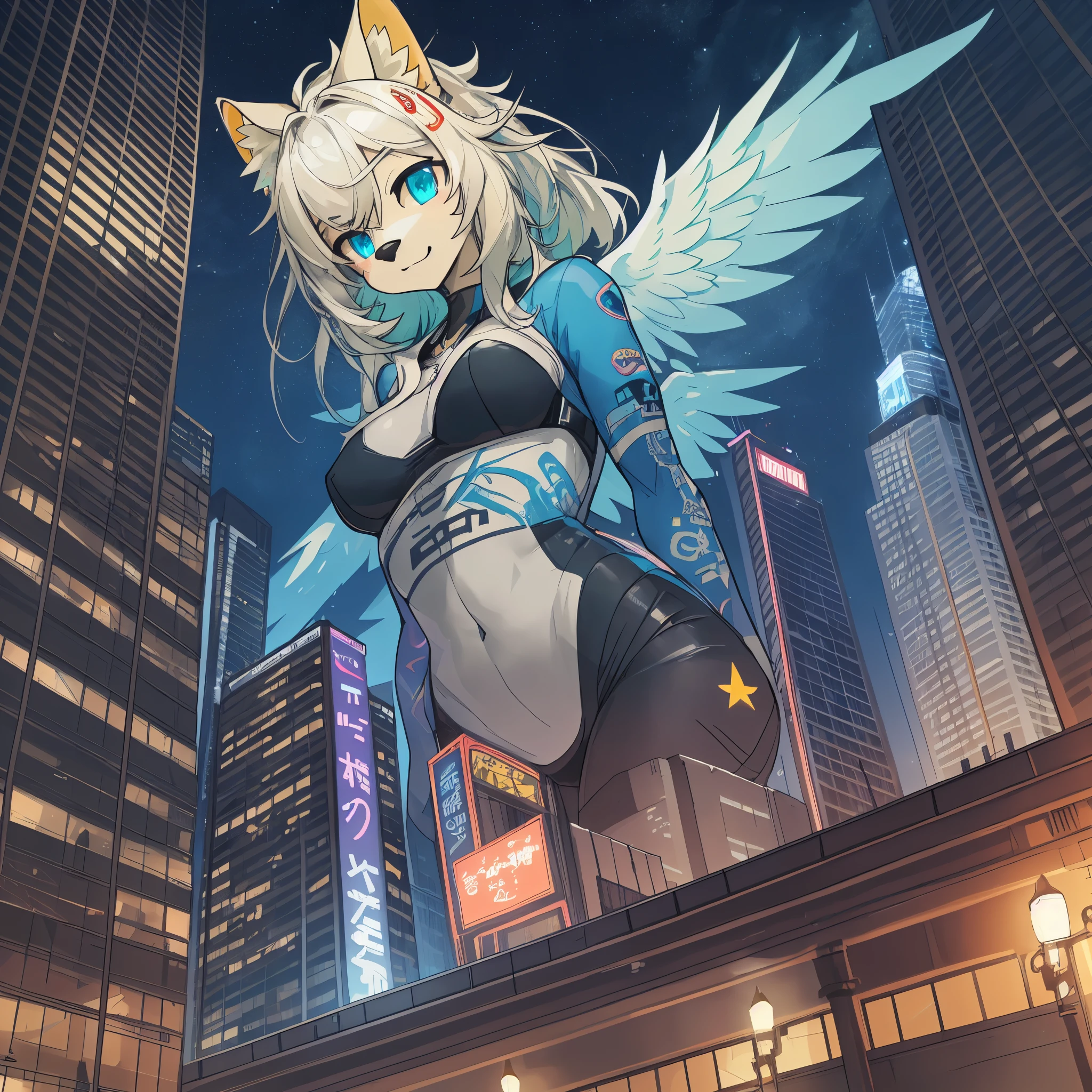perspective, top quality, best quality, High-quality illustrations, masterpiece, (angelic cute 1girl, kemono, solo focus)(furry anthro)Night sky, skyscraper, Shining neon, Illuminated billboards, Laser lights extending from buildings to the sky, full moon(highly detailed beautiful face and eyes)absurdres, perfect anatomy,