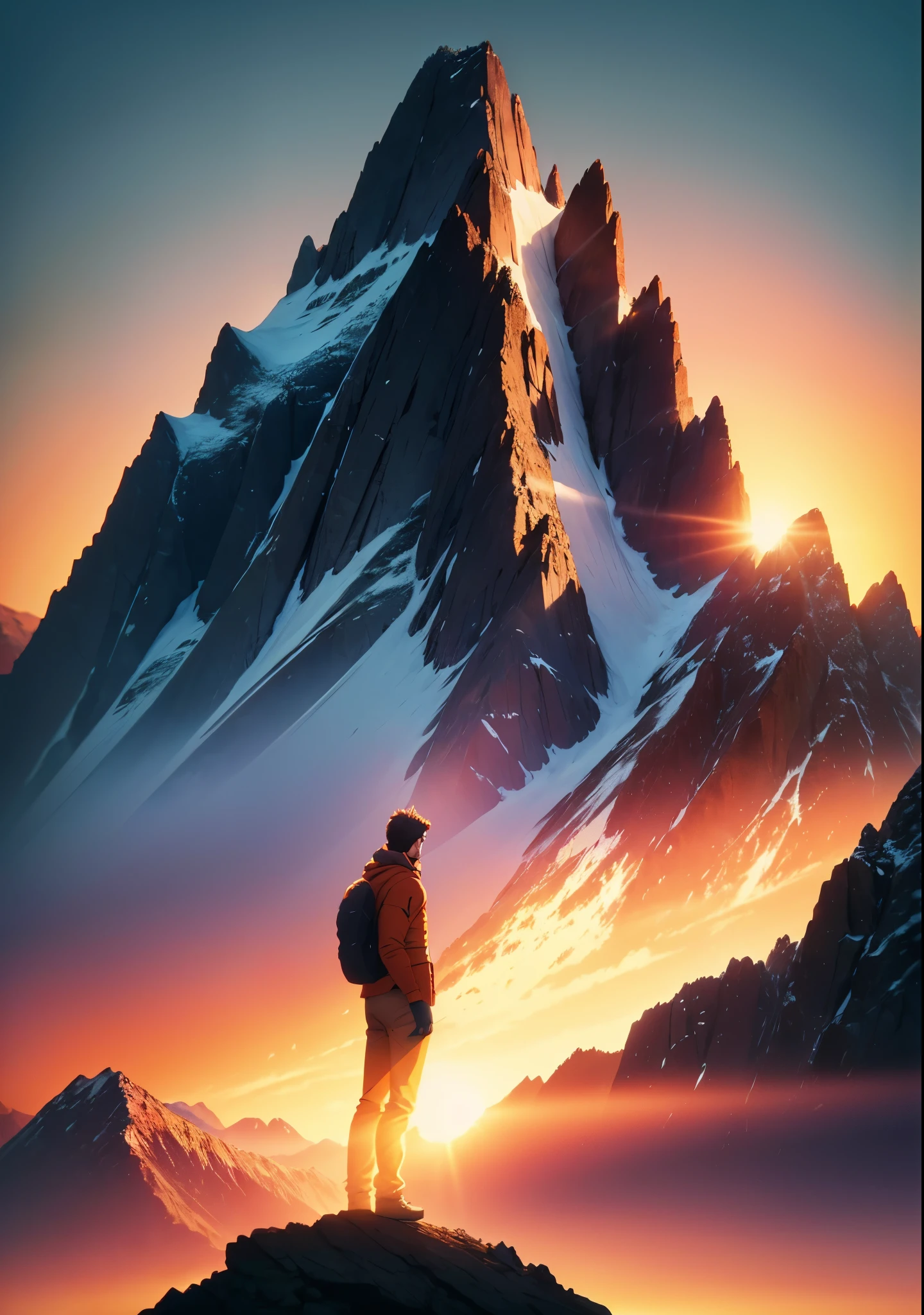 Animation graphic of a man standing on the edge of a towering mountain range, facing away from viewer, The sun rises brilliantly behind the mountain peaks, Create dramatic backlight effects. The human silhouette should convey a sense of ambition and ambition. Incorporate a warm orange gradient, red man, and emphasize sunrise and silhouette effects.