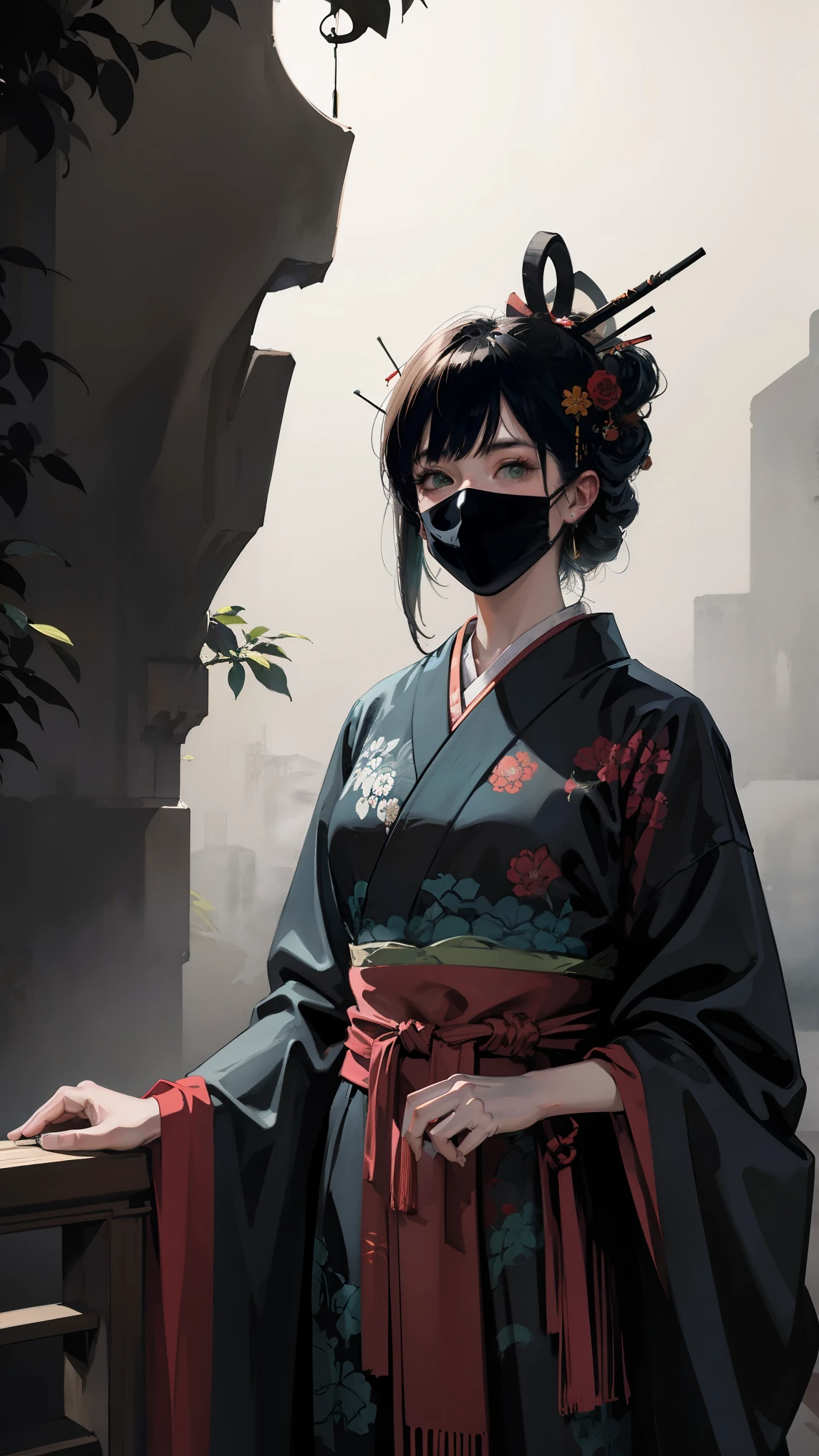 scared samurai oni mask,monster background,(best quality,4k,8k,highres,masterpiece:1.2),ultra-detailed,(realistic,photorealistic,photo-realistic:1.37),dark and mysterious atmosphere,ominous lighting,authentic Japanese texture,ominous and towering mountains,misty and eerie forest,haunting green eyes,loud growls piercing the silence,sharp and menacing horns,intimidating presence of shadows,dynamic and intense brush strokes,evokes traditional Japanese woodblock prints.