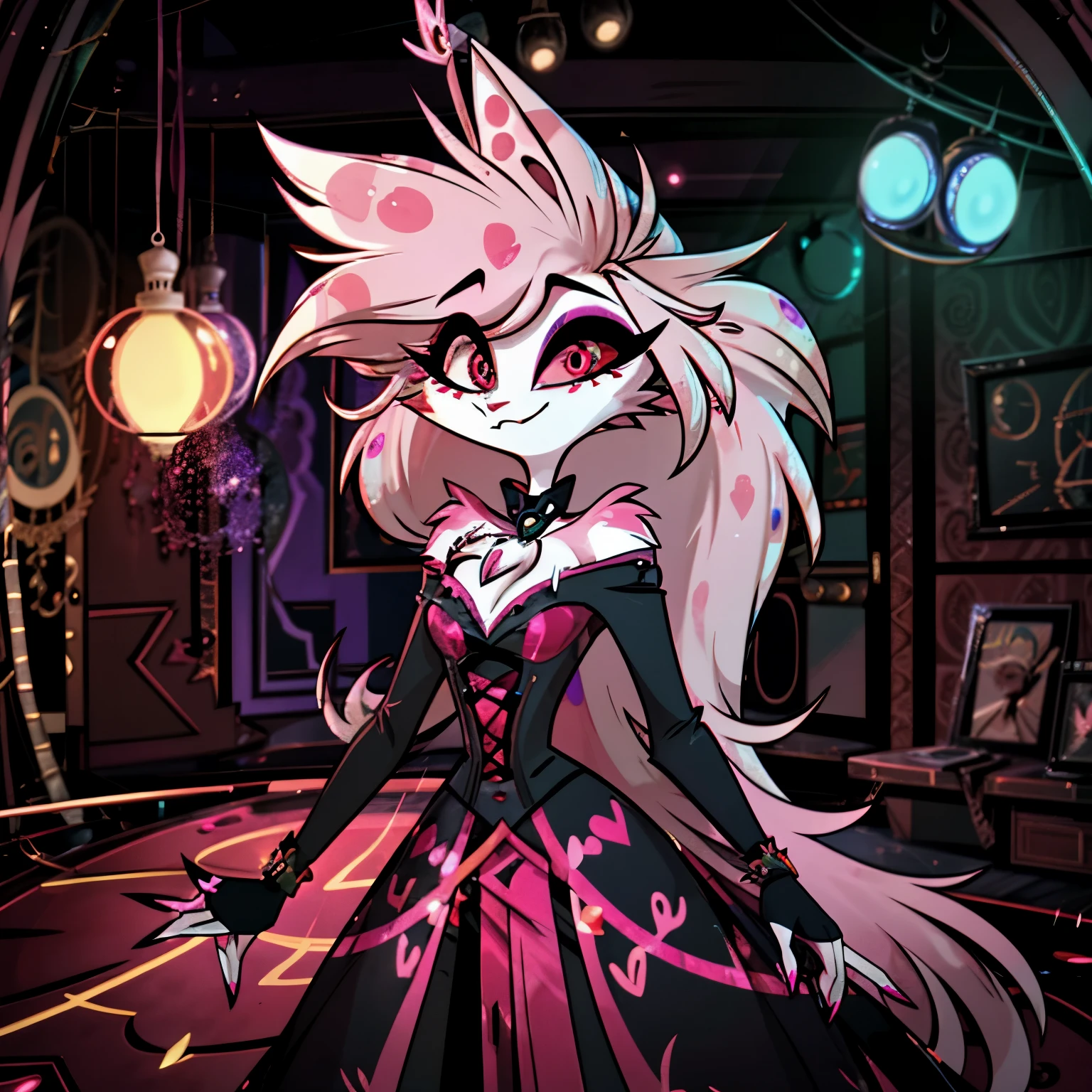 1girl. In the Hazbin Hotel & Helluva Boss universe, a feminine draconequus demon inspired by Fluttershy captivates with her mesmerizing charm. With a blend of feline and bat and equine features, she wears a vibrant 1970s-inspired dress, combining chaos and grace. Against a backdrop of swirling psychedelic colors and pulsating disco lights, her enchanting presence takes on an otherworldly allure, adding an extra layer of mystique to the vibrant world of Hazbin Hotel & Helluva Boss.