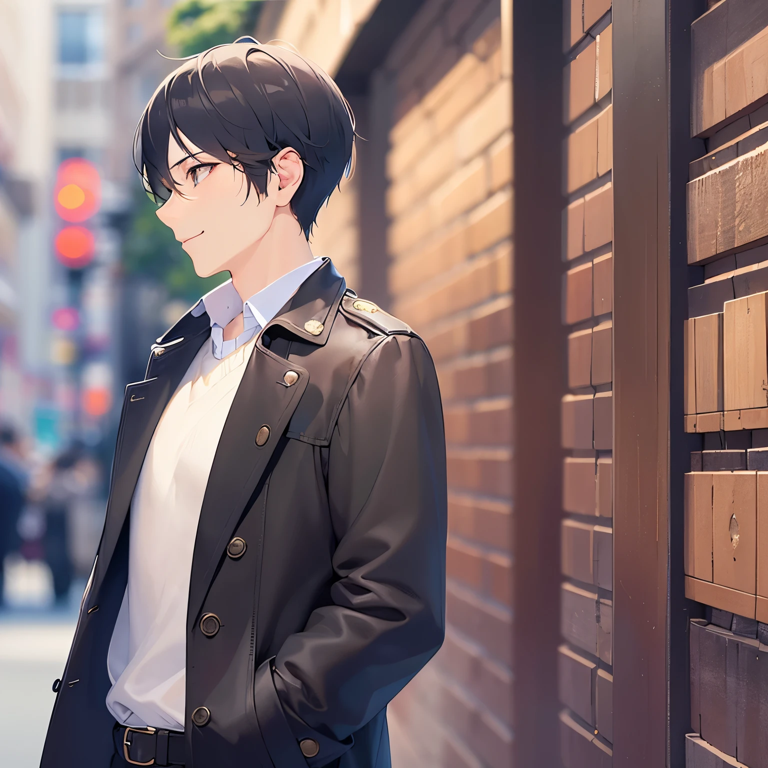 wearing a green trench coat、wore a white shirt、A 25-year-old young man with short black hair and orange eyes is smiling.、He is photographed in profile, looking away from the camera.