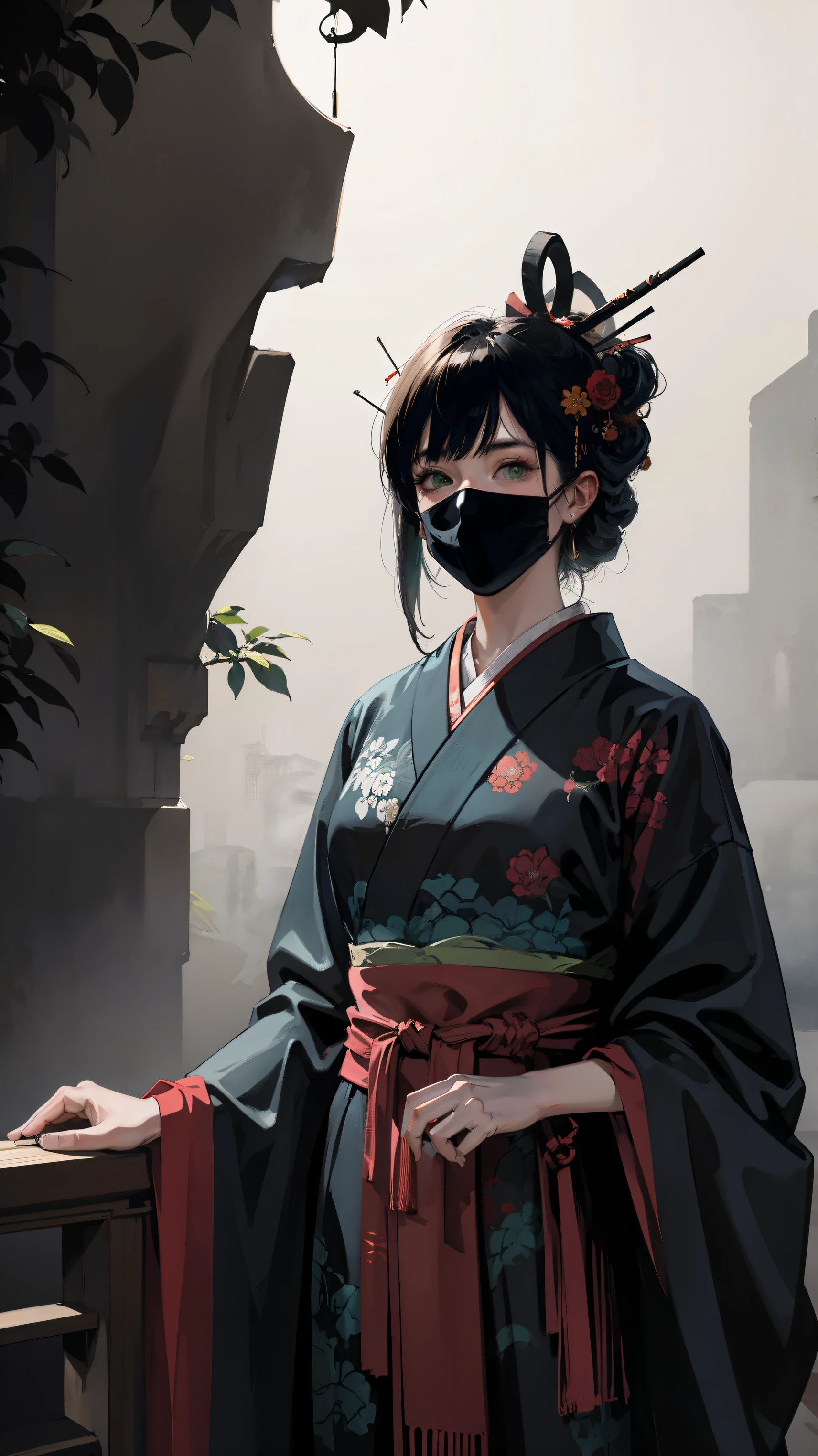 scared samurai oni mask,monster background,(best quality,4k,8k,highres,masterpiece:1.2),ultra-detailed,(realistic,photorealistic,photo-realistic:1.37),dark and mysterious atmosphere,ominous lighting,authentic Japanese texture,ominous and towering mountains,misty and eerie forest,haunting green eyes,loud growls piercing the silence,sharp and menacing horns,intimidating presence of shadows,dynamic and intense brush strokes,evokes traditional Japanese woodblock prints.