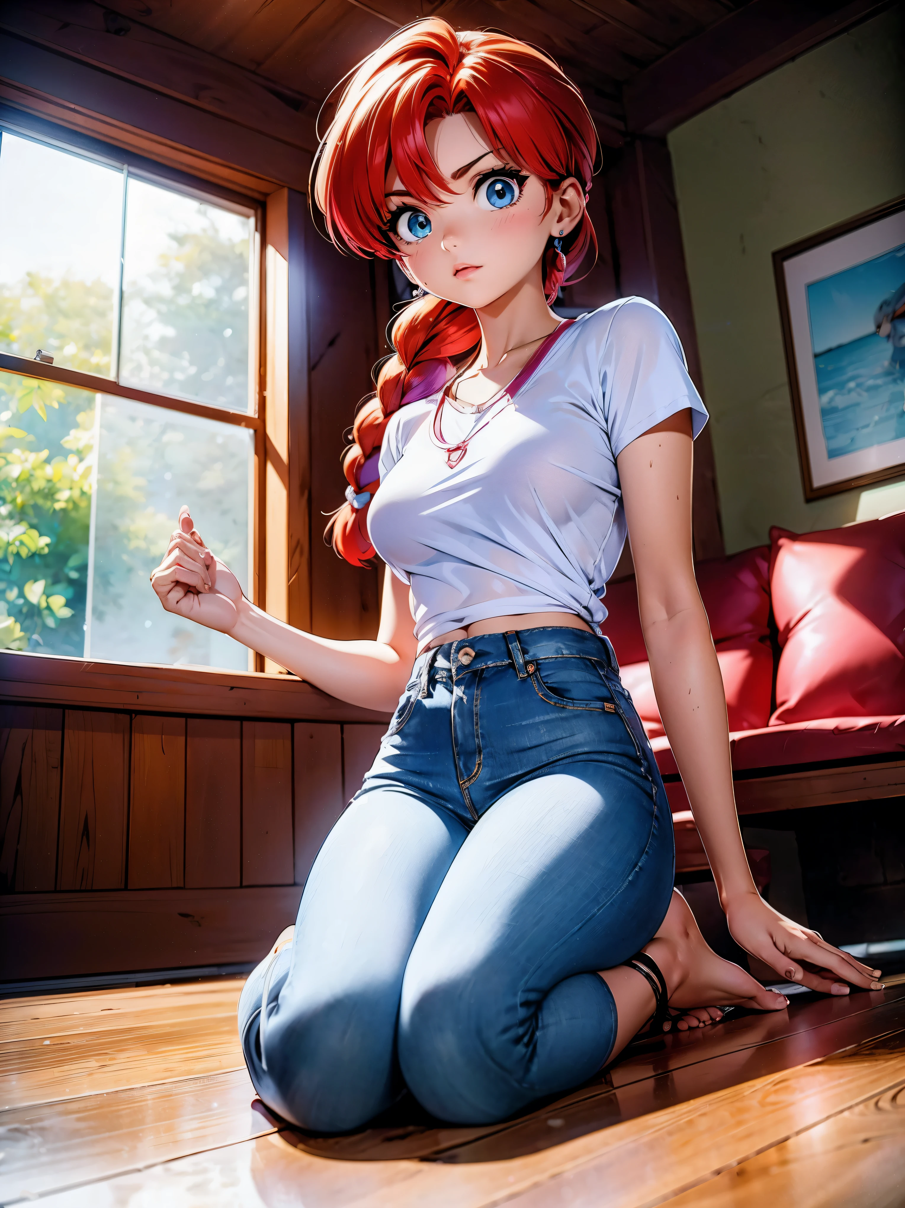 Garota anime ruiva com bermuda jeans azul e blusa purple roxa, 16 anos, agachada, sentada com pernas cruzadas, corpo bonito, seios grandes, with your hands behind your head, running your hands through your hair, garota sexy, red hair with braid, gorgeous lighting, sombras suaves, olhos azuis, pernas bonitas, hair with braid, estilo anime, Ranma Chan, Autora Rumiko Takahashi, Baseado em obra de Rumiko Takahashi, Anime Ranma 1/ 2, decote sexy, quadril robusto, corpo inteiro, corpo completo, busto grande, garota jovem com corpo belo e bonito, sandals on the feet, garota 16 anos jovem baixa estatura, vestindo bermuda jeans azul e blusa purple roxa linda, garota anime, estilo anime, beautiful feet in sandals, sitting on the floor, viewing angle 45°