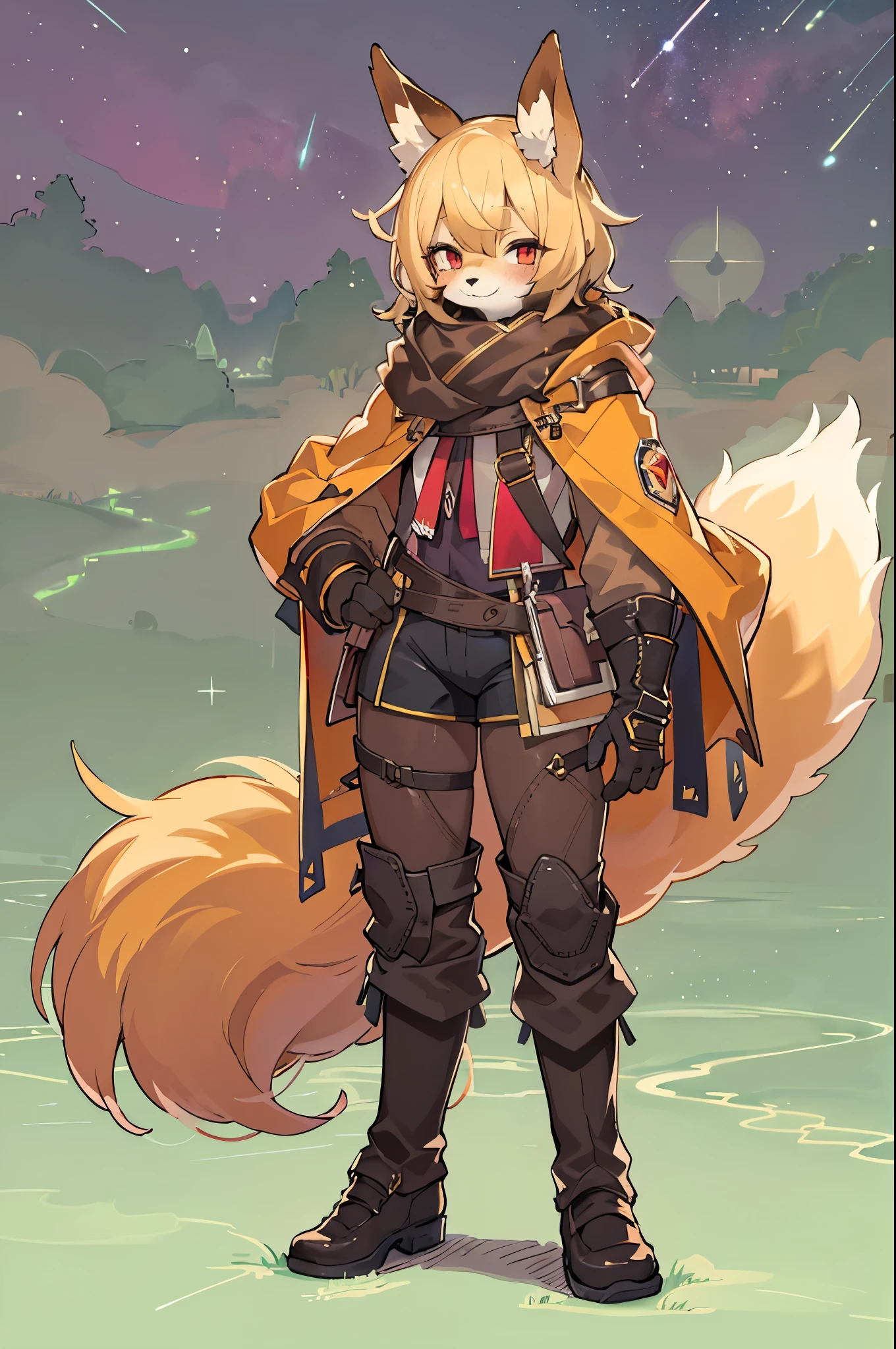 character chart,Shota the fox,hairy pubic,shaggy,Skin fur,Golden fur,Golden yellow face fur,Short straight blonde hair,Eyes have light,Red eyes,Brown elements on fur,Brown coat brown hood up,White top,brown shorts,Beautiful lights and shadows,Ambient light,Ultra-fine fur,volumettic light,natural lightting,fox tails,Fluffy tail,No Man, Glowing tree,Lake, dark scenery, rain,Night,starrysky,Vast landscape,crossed bangs, Hairline, Shiny hair, lone nape hair, ,The smiley face has a faint blush, smiley,Sleepy,(Oversized Full Moon:1.2),(meteors:0.9),(Starcloud:1.3)(Warm light source:1.2),aurora,nevando,snowfield, Extra-long sleeves, Purple and orange,Complicated details,Volumetriclighting,Realist breakthrough(tmasterpiece:1.2)(best qualtiy),4K,Ultra-delicate,(Dynamic configuration:1.4),Highly detailed and colorful details,(Irridescent color :1.2),(luminouslighting,Atmospheric lighting),dream magical,magic,独奏,Glowing light,Light blush, ,Single