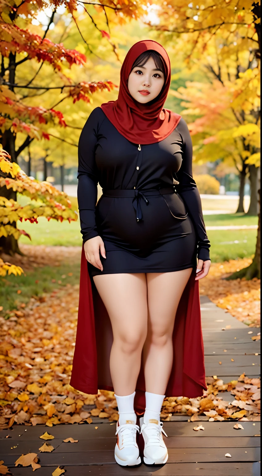 there is a woman random poses with a longest brown and red hijab, bbwchan, thicc, brown hijab outfit, brown hijab fashion model, korean girl, korean woman, wearing brown robe, full length shot, alluring plus sized model, japanese goddess, clothed in hooded, voluptuous and arousing, portrait shot, curvy model, voluptuous body, wonderful, nene tanaka body , bbwchan, The overall atmosphere is smooth , haunting illustrations, extremely high-resolution details, photographic, realism pushed to extreme, fine texture, 4k, ultra-detailed, high quality, high contrast, red Color sneakers, naked, open leg, cum ,cream pie at the vagina