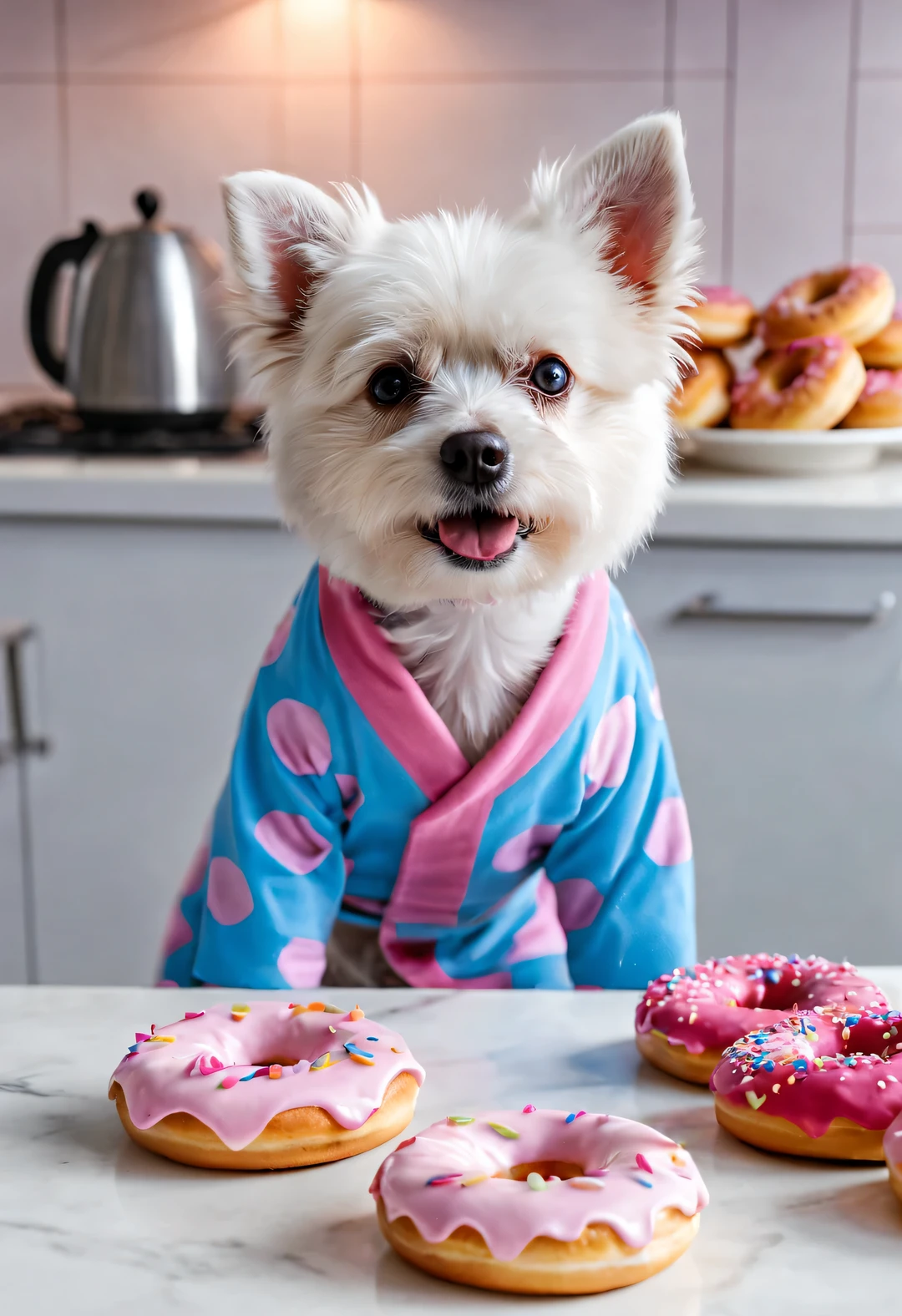A little white dog steals donuts, Wearing pink and blue pajamas, Accompanying eating movements and dynamic movements,
background: kitchen, high detail, Super quality, Surreal, anthropomorphic, photo, 8k, interesting, comical,