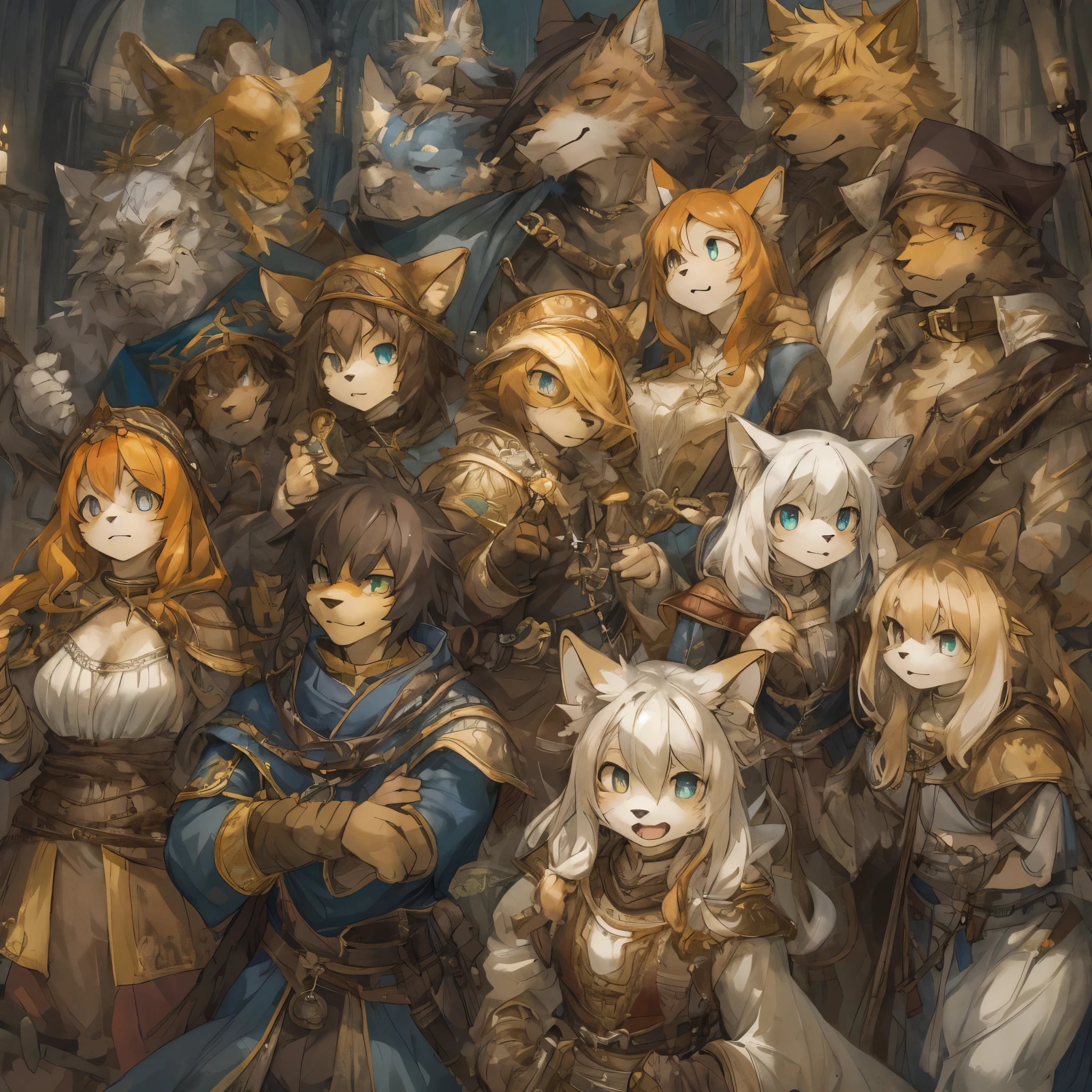 dynamic angle, top quality, best quality, High-quality illustrations, masterpiece, super high resolution, detailed background, detailed background, alchemist, medieval Europe, chandelle, group shot:0.1, 6+boys, 6+girls, absurdres(highly detailed beautiful face and eyes)perfect anatomy, expression, good lighting, cinematic shadow(kemono, furry anthro),
