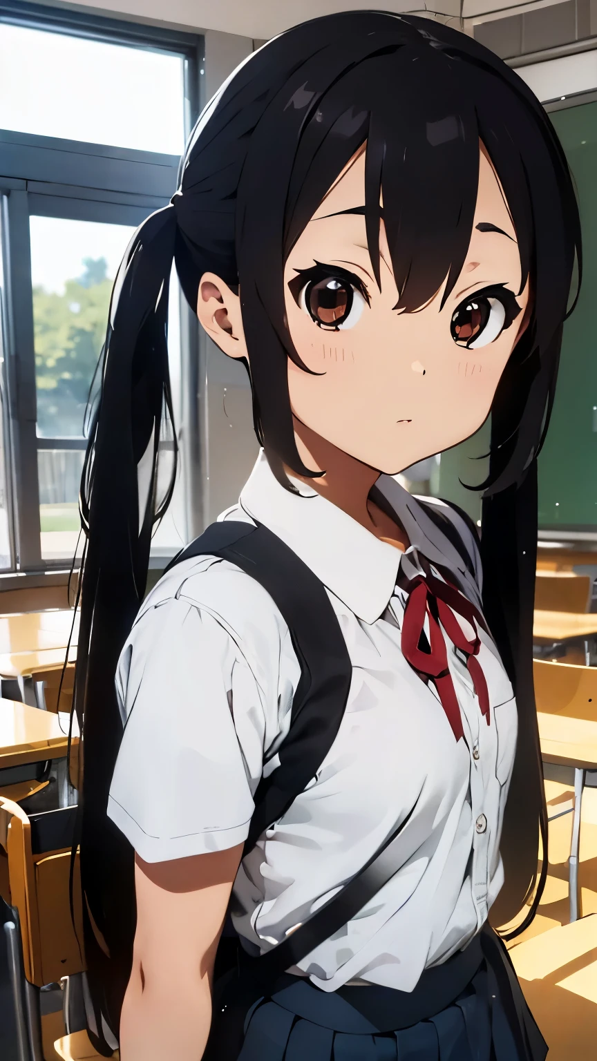 azusanakano, azusa nakano, cat ear, black hair, (brown eyes:1.5), long hair, twintails,
BREAK sakuragaoka high school uniform, school uniform, uniform, blazer, shirt, white shirt, collared shirt, skirt, pleated skirt,
BREAK indoors, classroom,
BREAK looking at viewer, (cowboy shot:1.5),
BREAK (masterpiece:1.2), best quality, high resolution, unity 8k wallpaper, (illustration:0.8), (beautiful detailed eyes:1.6), extremely detailed face, perfect lighting, extremely detailed CG, (perfect hands, perfect anatomy),