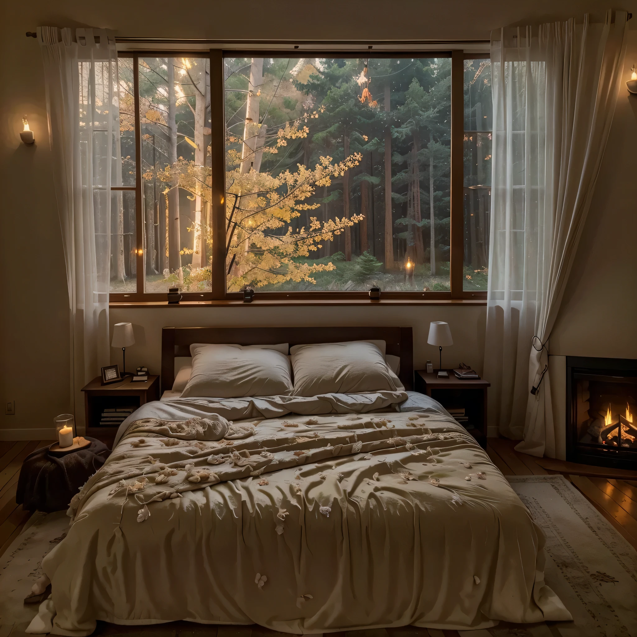 a dimly lit room with a big fireplace and a cozy bed in front of big windows, epic view, stunning windows, rainy night, cozy place, home atmosphere, fairy lights, twinkling, rain aesthetic, cozy home background, rainy mood, inside on a rainy night, candles, fireflies, forest outside, romantic, lightening, enchanted forest, glowing, mountains, misty, dripping, fuzzy blankets, soft bedroom, fluffy bed, warm pillows, dancing flames, petals, flowers,