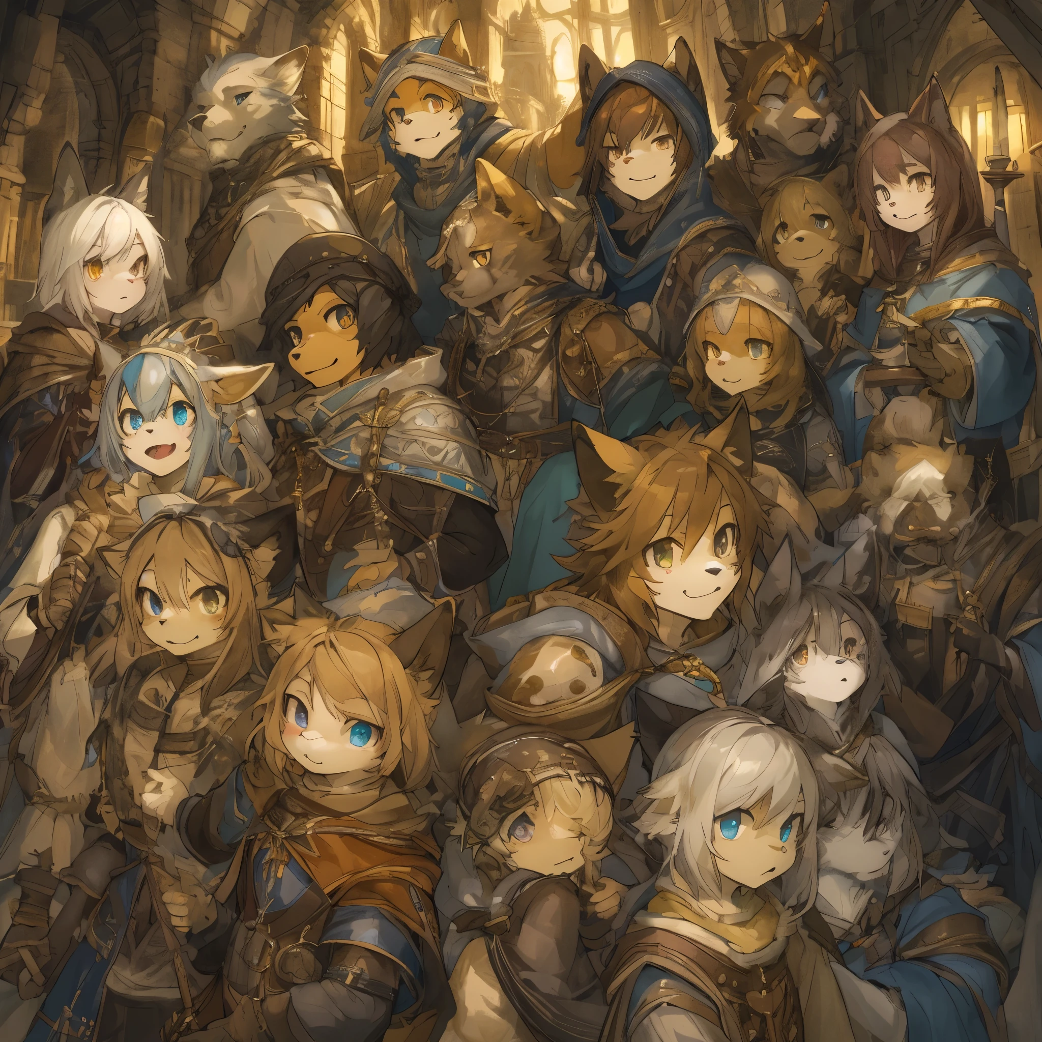 dynamic angle, top quality, best quality, High-quality illustrations, masterpiece, super high resolution, detailed background, detailed background, alchemist, medieval Europe, chandelle, group shot:0.1, 6+boys, 6+girls, absurdres(highly detailed beautiful face and eyes)perfect anatomy, expression, good lighting, cinematic shadow(kemono, furry anthro),